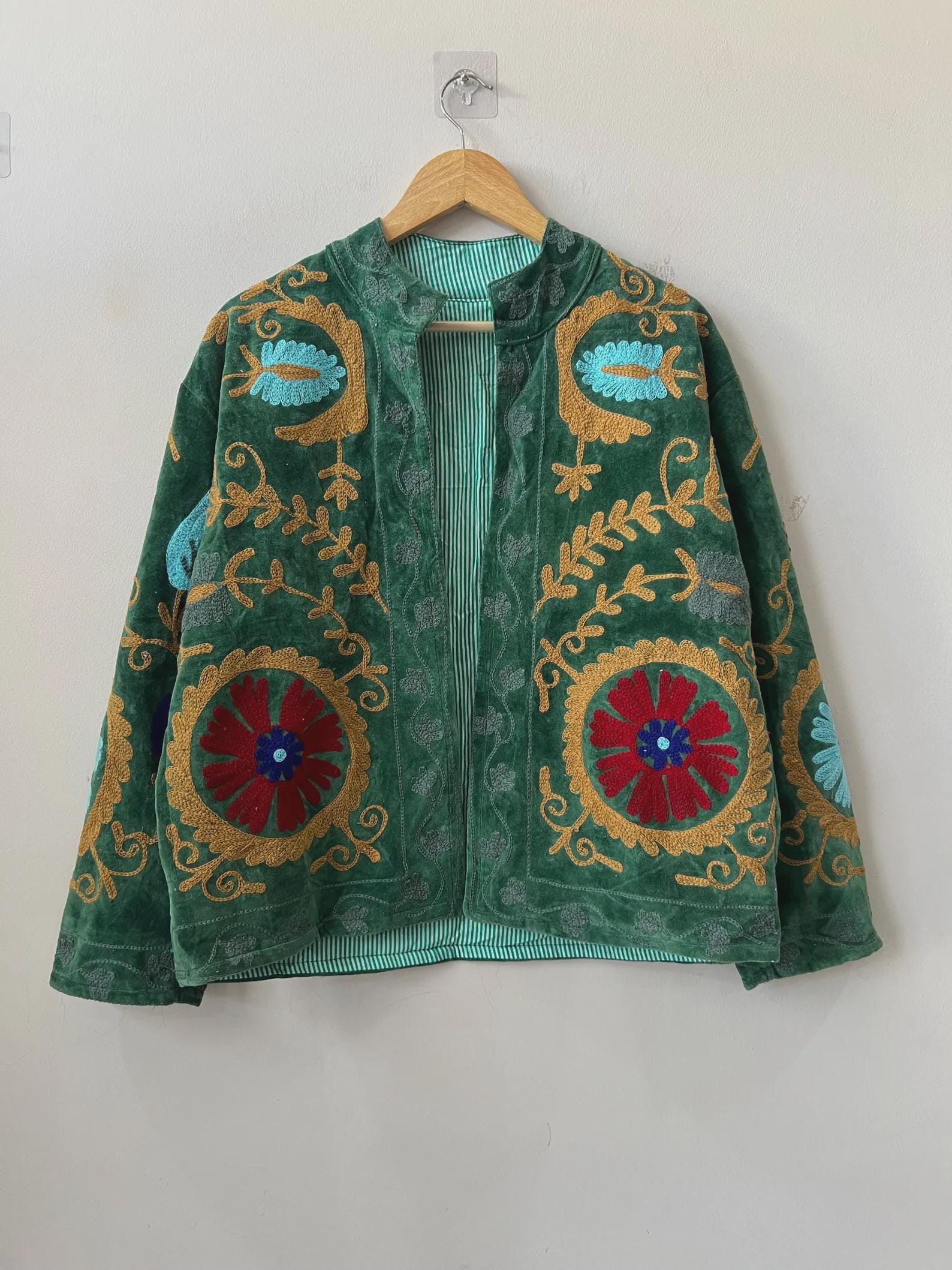 Suzani Embroidered Velvet Winter Jacket | Handmade Short Festival Coat | Ethnic Bohemian Outerwear | Winter Kimono Jacket | Gift For Wife