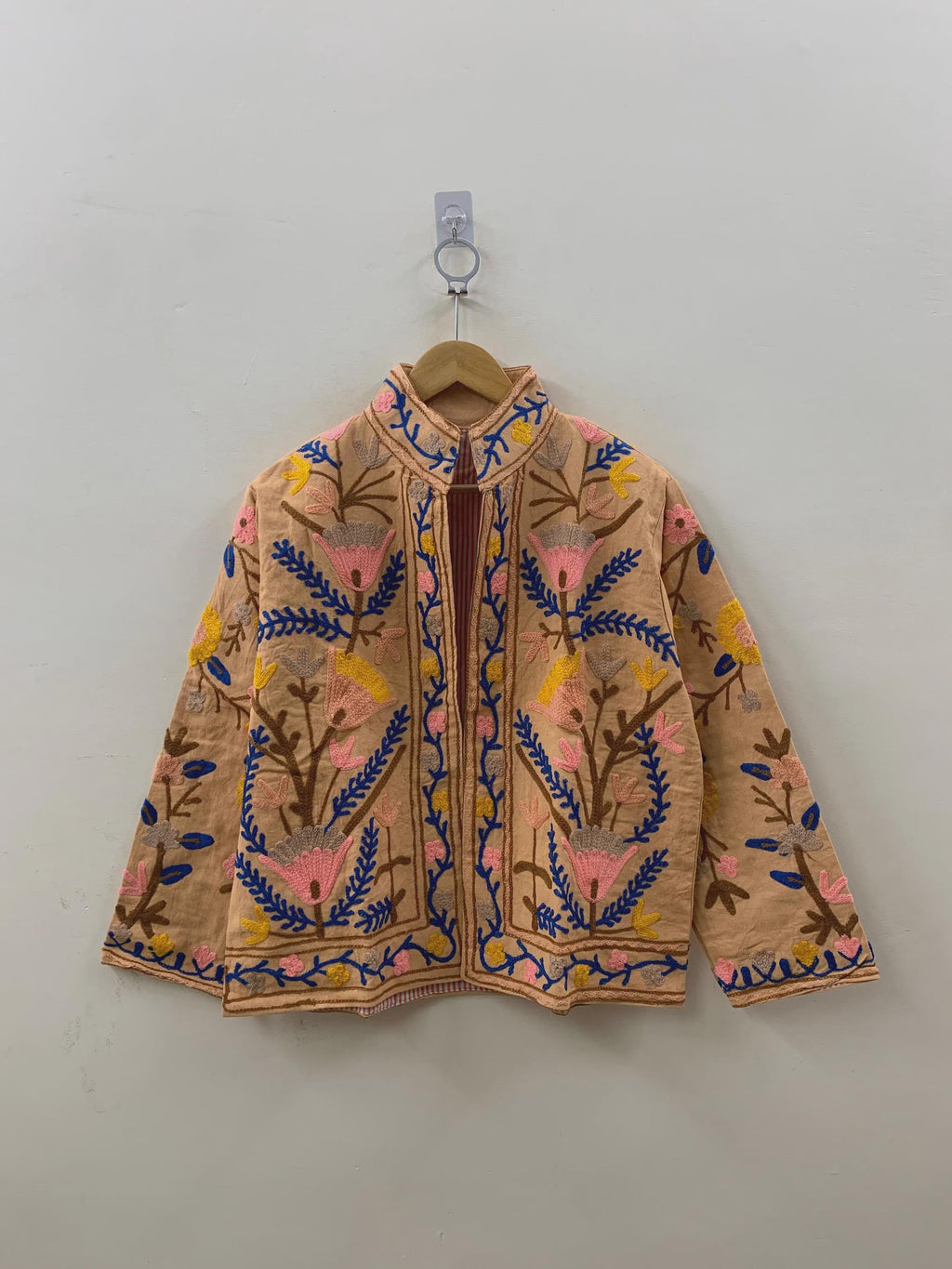 Beige Cotton Suzani Summer Short Jacket | Handmade Embroidered Boho Coat | Floral Ethnic Jacket | Festival Bohemian Outerwear | Gift for Her