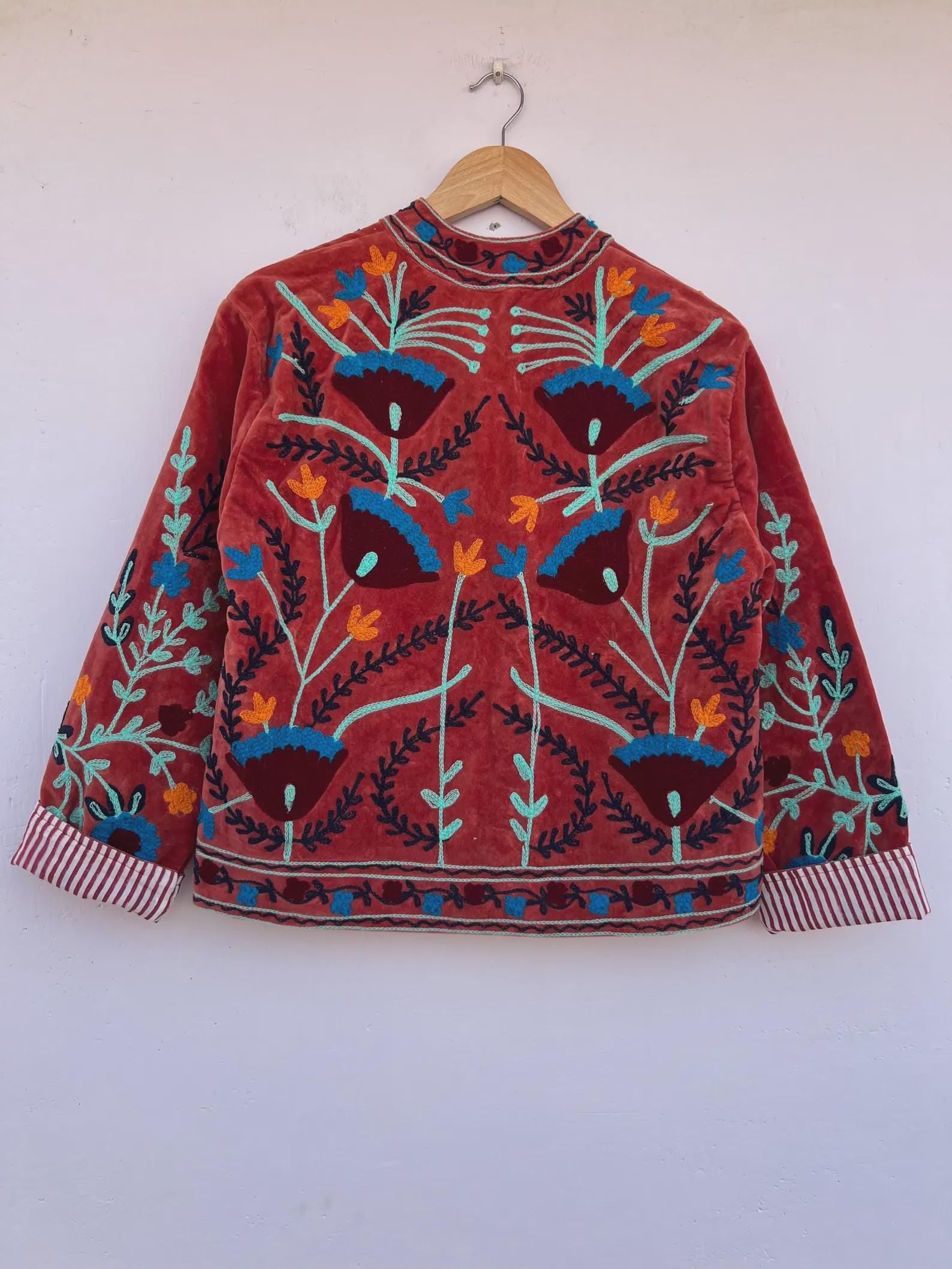 Suzani Embroidered Velvet Winter Jacket | Handmade Short Festival Coat | Ethnic Bohemian Outerwear | Winter Kimono | Gift For Wife