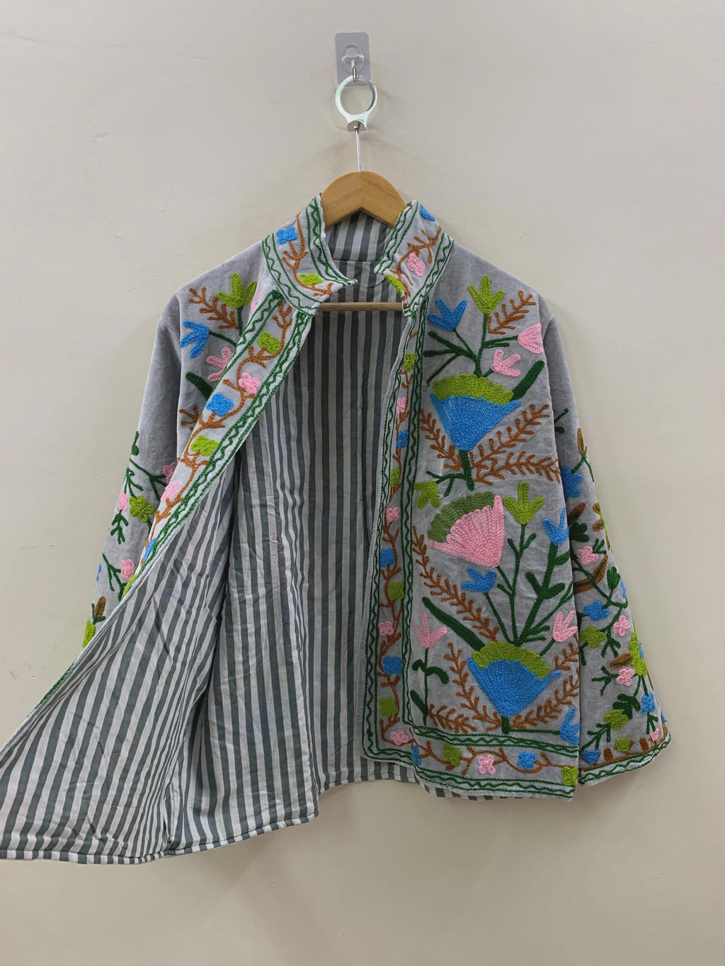 Women's Grey Velvet Suzani Embroidery Jacket | Suzani Duster Jacket | Winter Kimono Jacket | Bomber Coat, Robe, Gift For Her |Street Fashion