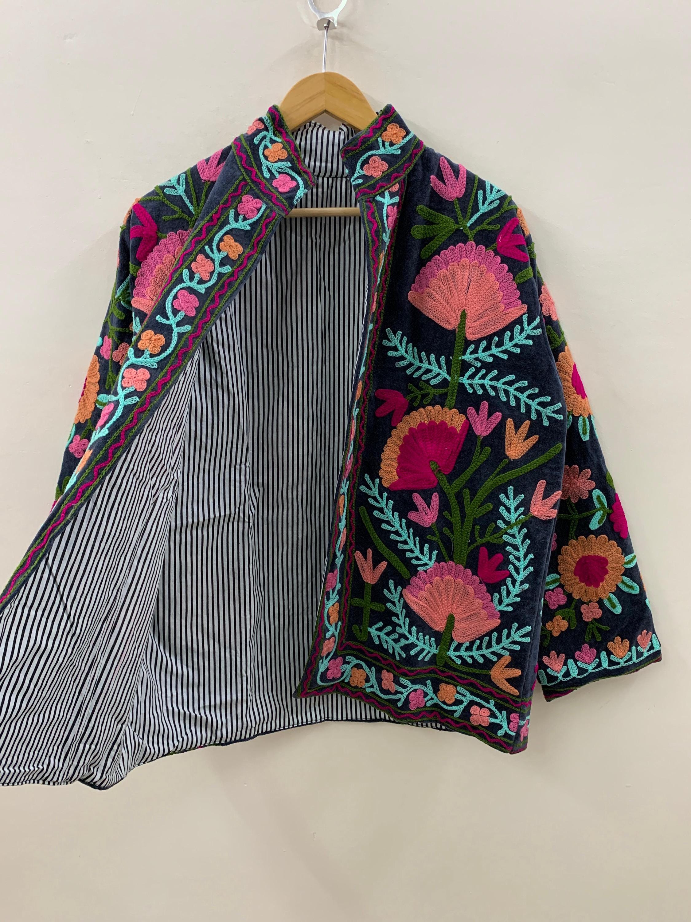 Embroidered Suzani Fabric Short Velvet Jacket | Button Winter Coat | Short Jacket | Spring Bomber Jacket | Gift For Her | Velvet Coat