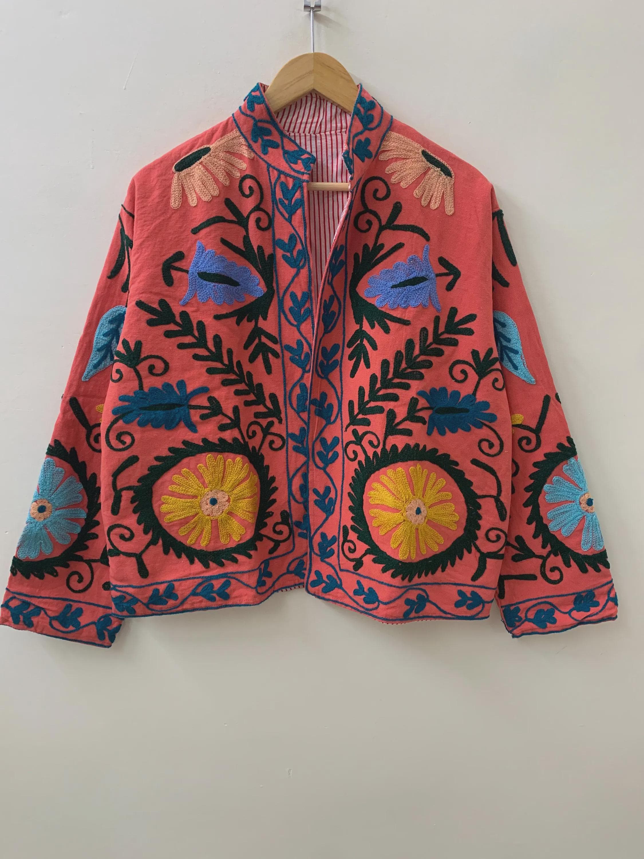 Handmade Suzani Cotton Short Coat, Women's Jacket, Indian Cotton Embroidery Coat, Suzani Cotton Boho Jacket, Gift For Her, Boho Suzani Coat