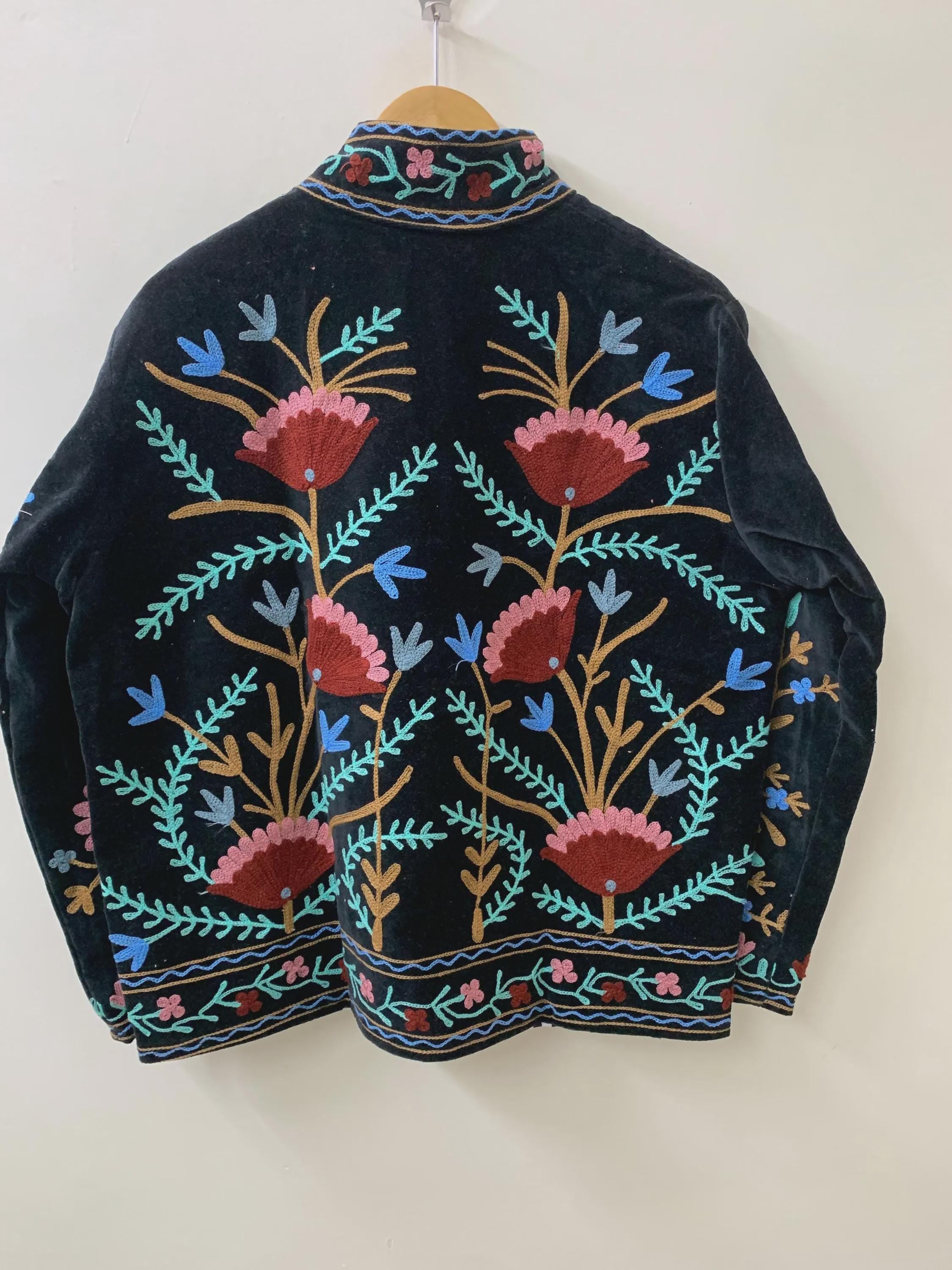 Boho Ethnic Suzani Velvet Cropped Winter Jacket | Traditional Boho Festival Coat | Handmade Embroidered Kimono Outerwear | Gift for Her