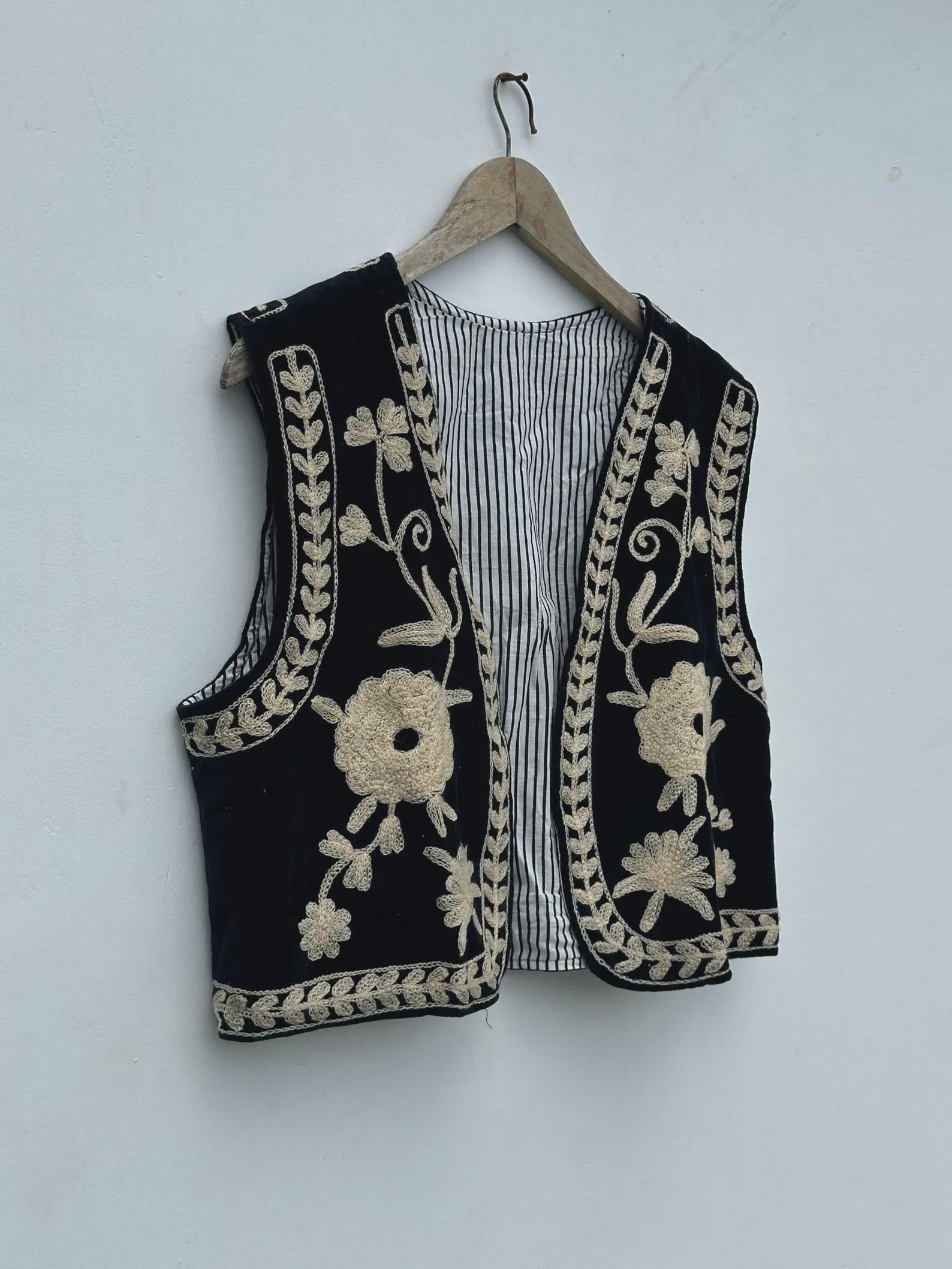 Black Velvet Boho Vest | Embroidered Indian Waistcoat | Handmade Ethnic Sleeveless Jacket | Cotton Lined Festival Vest | Gift for Her