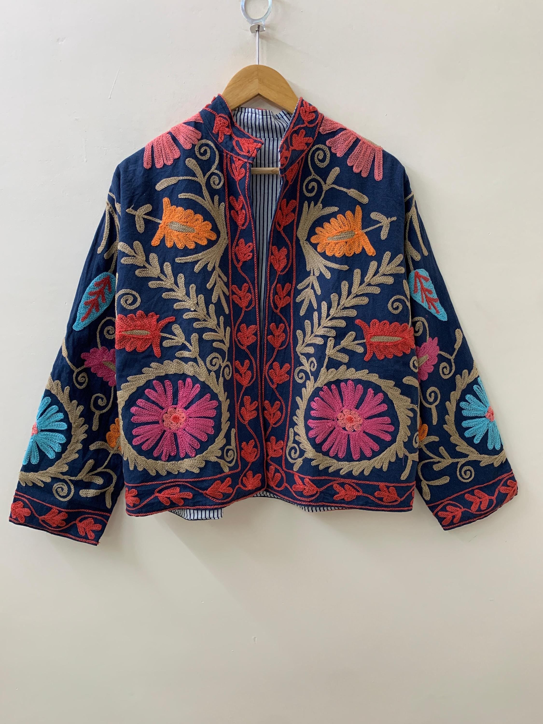 Blue Cotton Suzani Winter Short Jacket | Cotton Spring Jacket | Suzani Bomber Coat | Vintage Floral Boho Jacket | Gift For Her | Outerwear