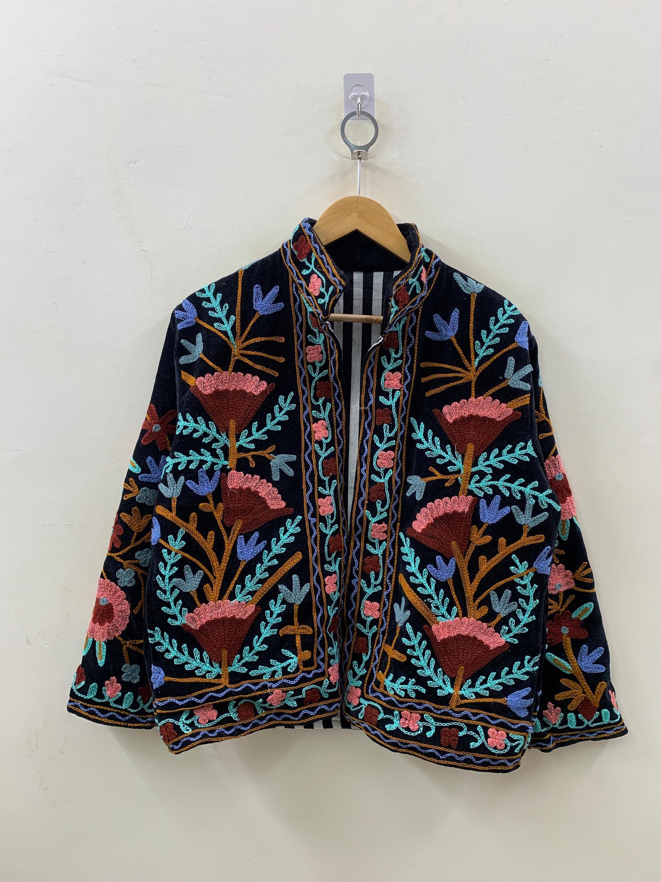 Suzani Embroidered Velvet Winter Jacket | Handmade Short Festival Coat | Ethnic Bohemian Outerwear | Winter Kimono Jacket | Gift For Wife