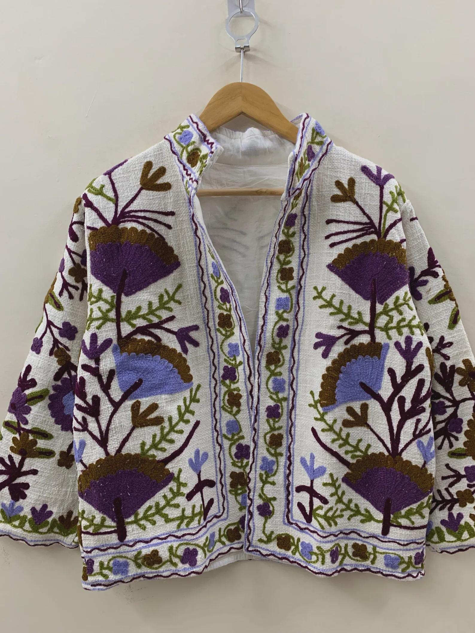 Floral TNT Fabric Suzani Short Jacket | Embroidered Boho Jacket | Vintage Uzbek Textile | Bomber Coat | Bohemian Outerwear | Gift For Her