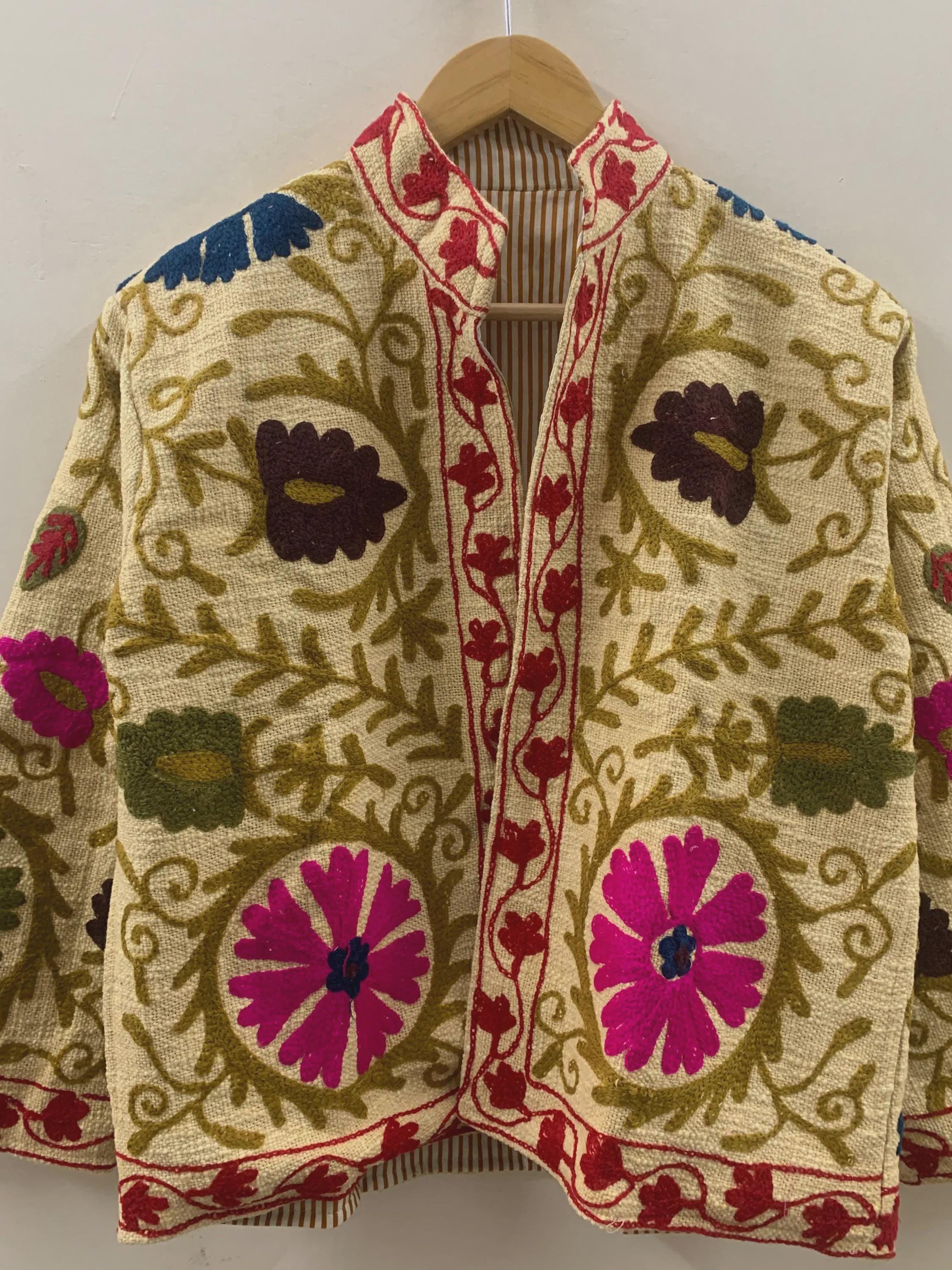TNT Fabric Suzani Short Jacket | Embroidered Boho Jacket | Vintage Uzbek Textile | Floral Bomber Coat | Bohemian Outerwear | Gift For Her