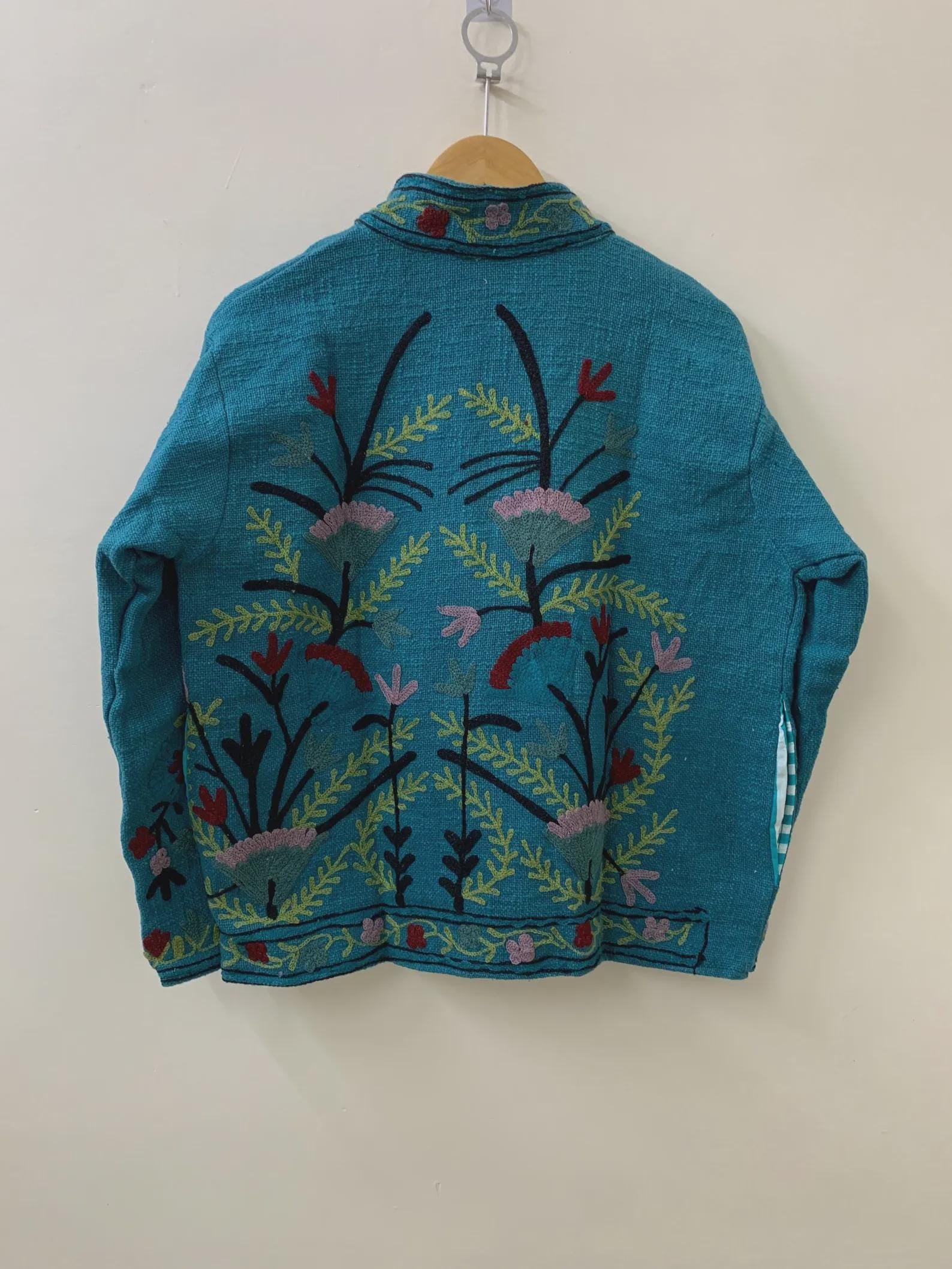 Blue TNT Suzani Short Jacket | Vintage Boho Embroidered Coat | Ethnic Uzbek Textile |Festival Kimono Jacket | Warm Outerwear |Gift For Her