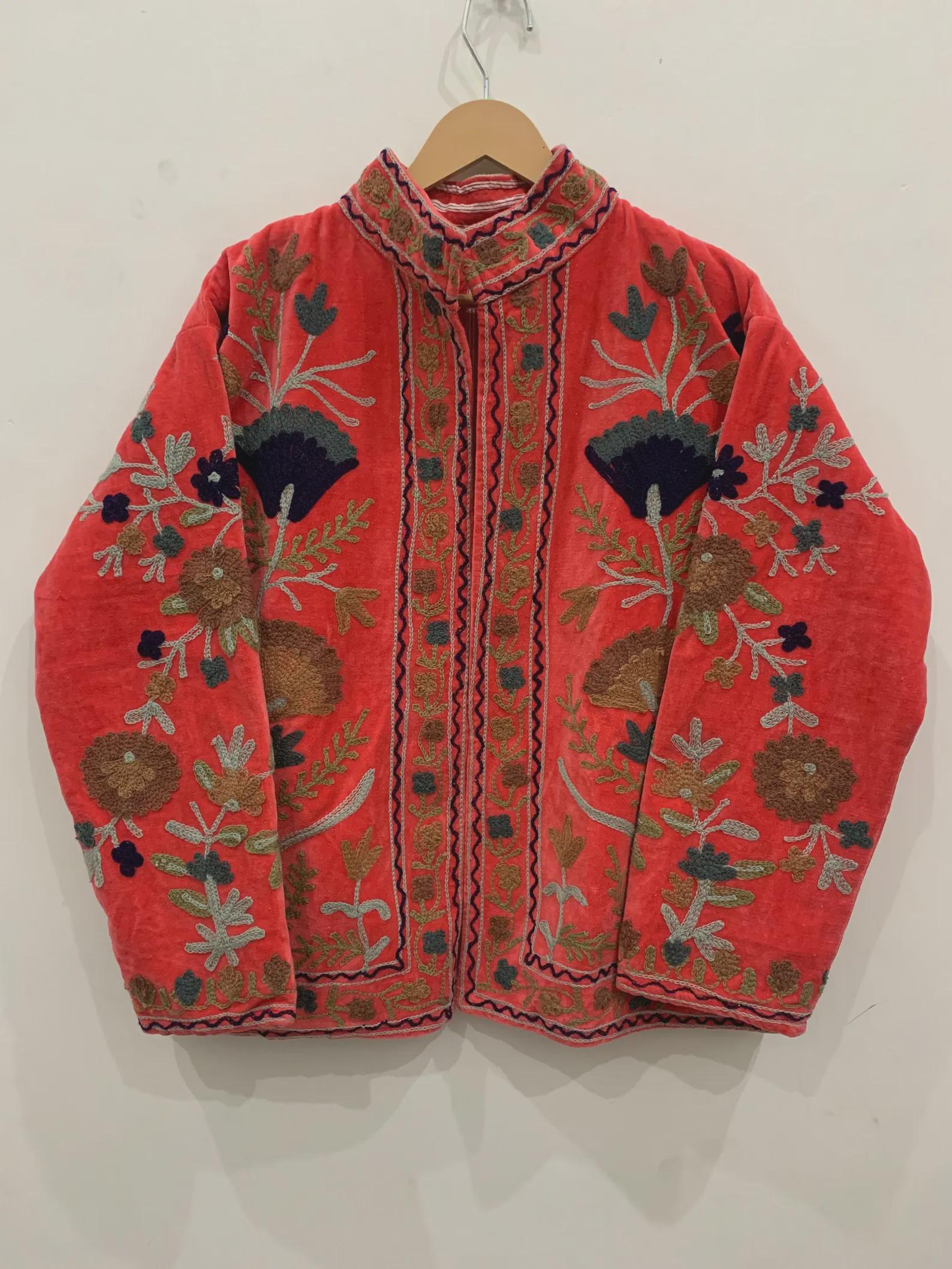 Red Velvet Suzani Hand Embroidered Jacket | Winter Jacket | Unisex Coat | Vintage Bohemian Jacket | Warm Outerwear | Gift for Her
