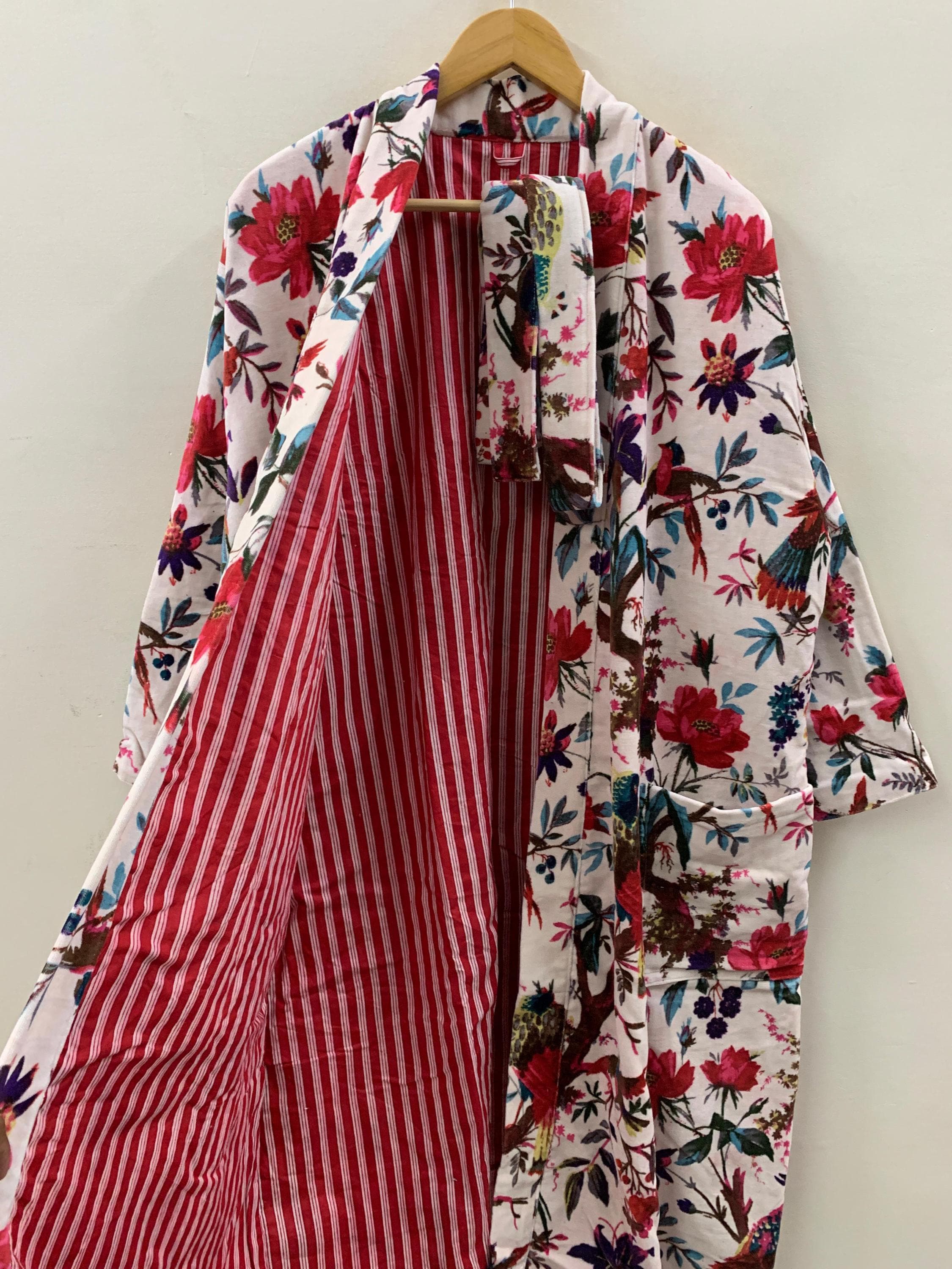 Floral Velvet Winter Kimono Robe | Boho Lounge Wear | Pink Botanical Print Winter Robe with Belt | Women’s Warm Dressing Gown | Gift for Her