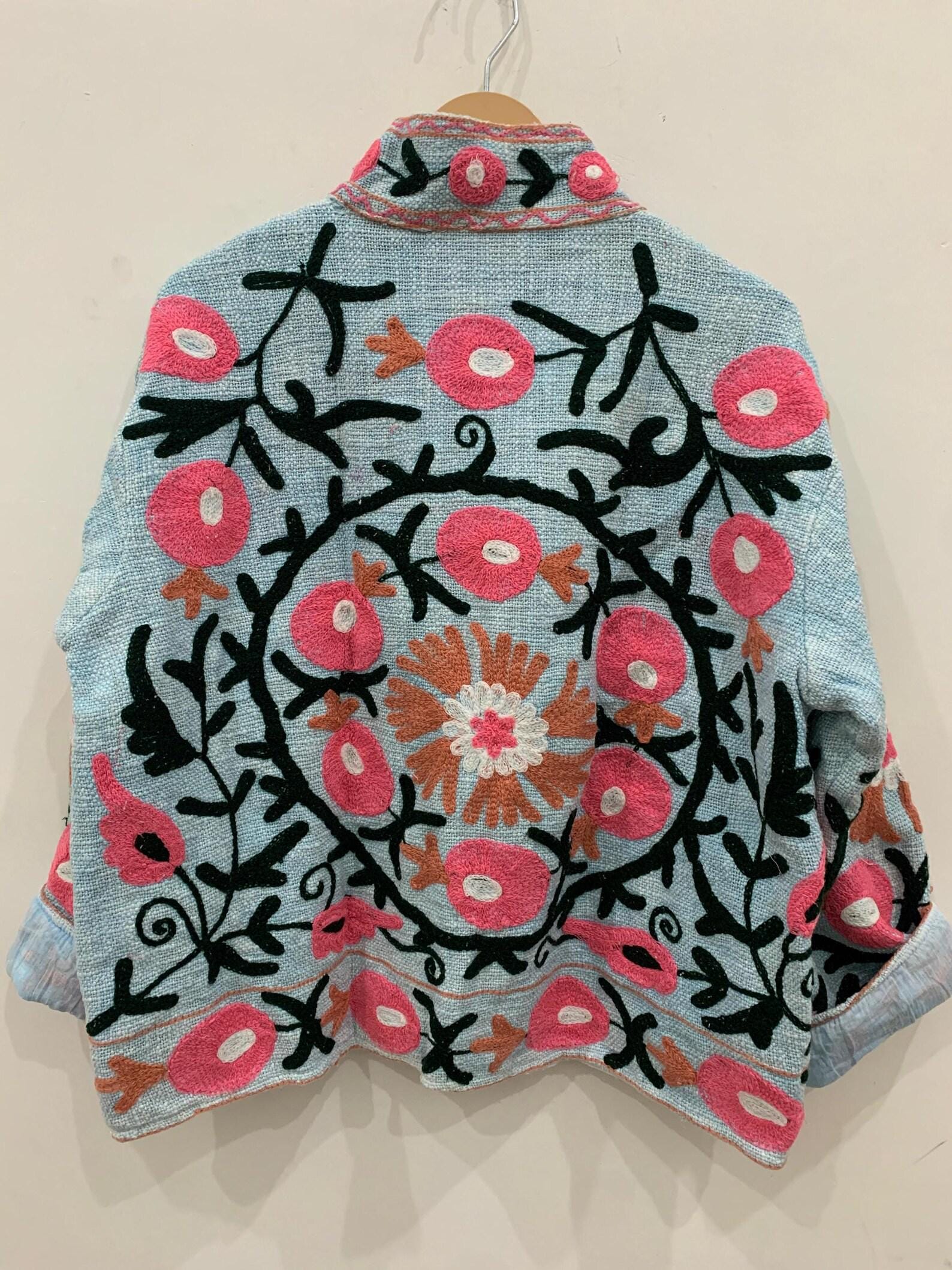 Floral TNT Fabric Suzani Short Jacket | Embroidered Boho Jacket | Vintage Uzbek Textile | Bomber Coat | Bohemian Outerwear | Gift For Her