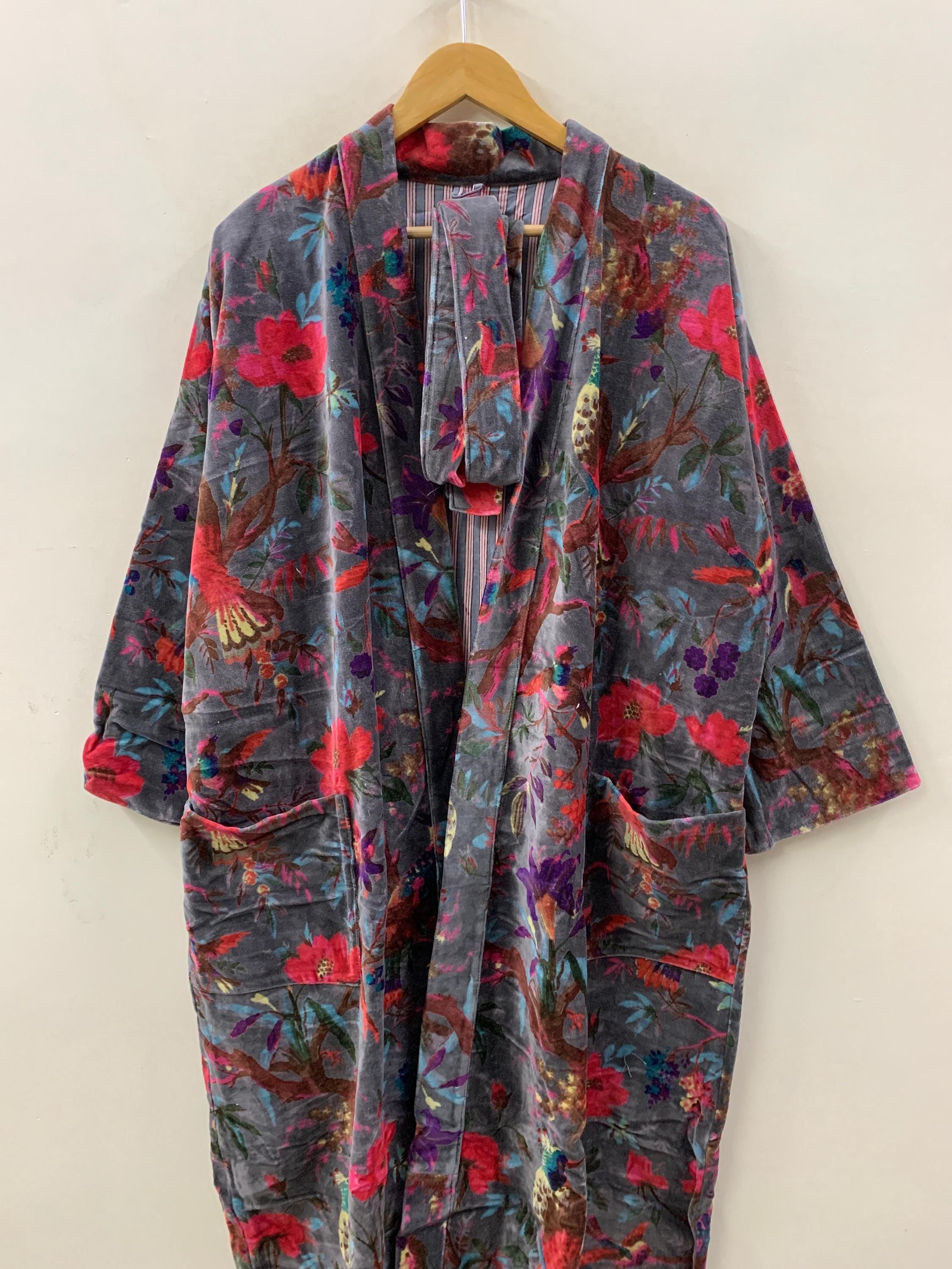 Velvet Floral Kimono Robe | Bohemian Loungewear | Vintage Wrap Robe with Belt | Women’s Boho Dressing Gown | Resort Wear | Gift For Wife