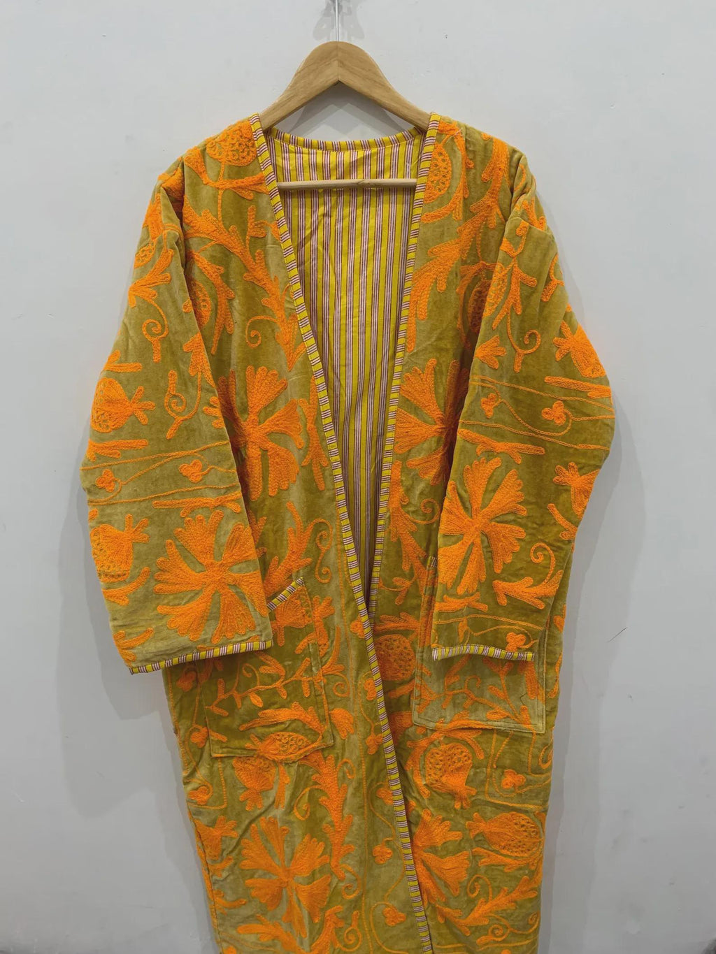 Handmade Bohemian Long Suzani Kimono Robe | Vintage Embroidered Duster Jacket | Uzbek Coat | Boho Festival Outfit | One Size | Duster Robe