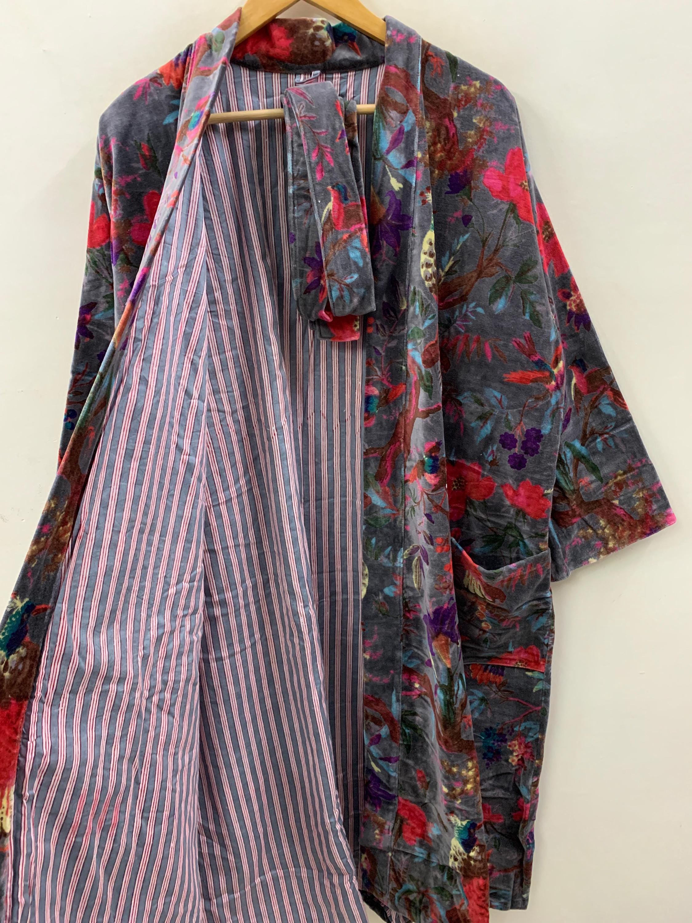 Velvet Floral Kimono Robe | Bohemian Loungewear | Vintage Wrap Robe with Belt | Women’s Boho Dressing Gown | Resort Wear | Gift For Wife
