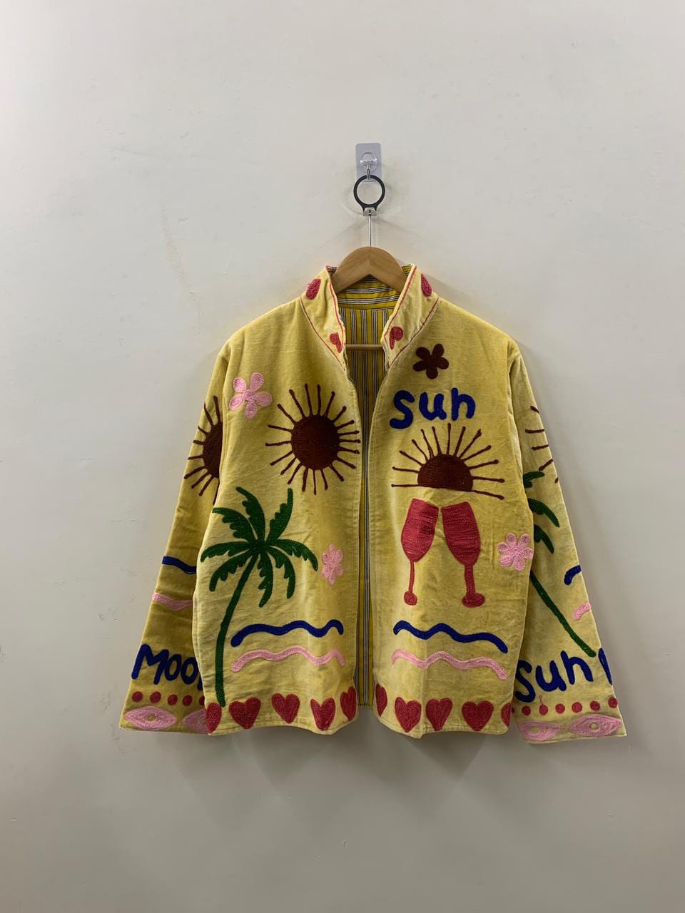 Handmade Velvet Suzani Jacket | Boho Embroidered Statement Coat | Sun, Palm, Moon & Heart Design | Colorful Festival Jacket | Duster Coat