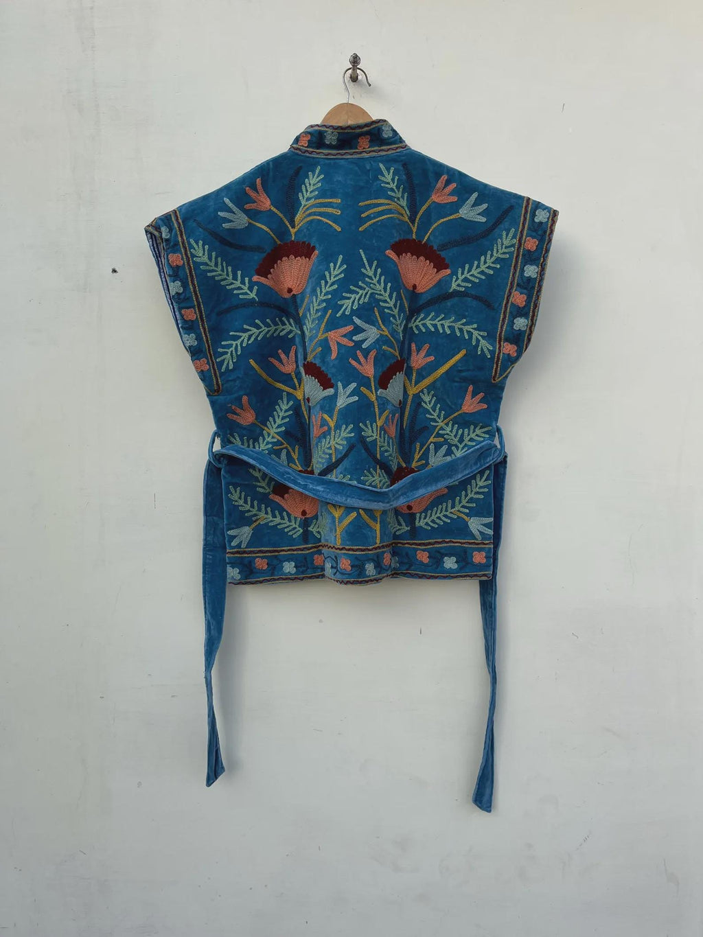Blue Velvet Suzani Embroidered Vest | Boho Festival Floral Waistcoat | Handmade Ethnic Jacket | Sleeveless Bohemian Layer | Gift for Her