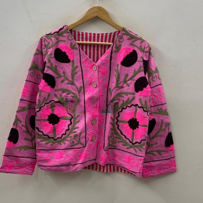 Pink Traditional Suzani Jacket | Floral Embroidered Velvet Coat | Handmade Winter Outerwear | Boho Style | Artisan Clothing