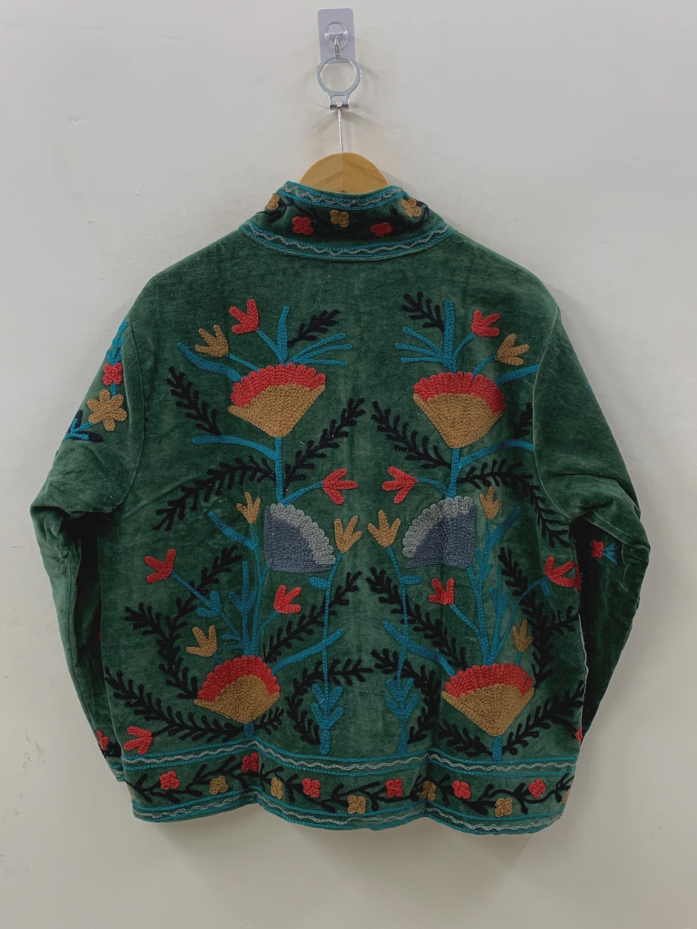 Green Velvet Suzani Embroidered Jacket | Partywear Tailored Jacket |Bomber Coat | Hippie Jacket | 70s Style Coat | Gift For Her |Winter Coat