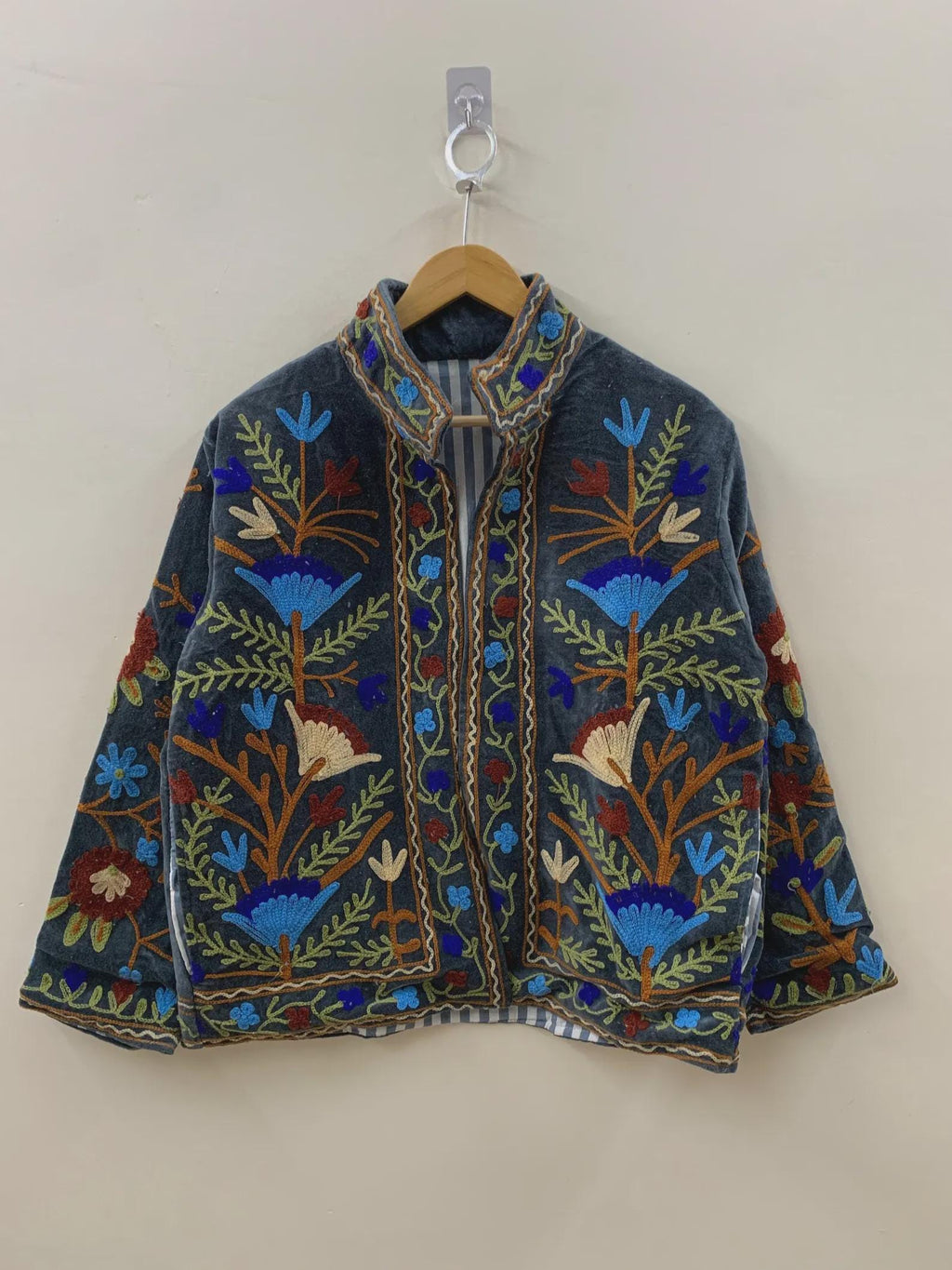 Ethnic Traditional Suzani Velvet Cropped Winter Jacket | Handmade Embroidered Boho Coat | Short Festival Kimono Outerwear | Gift for Her