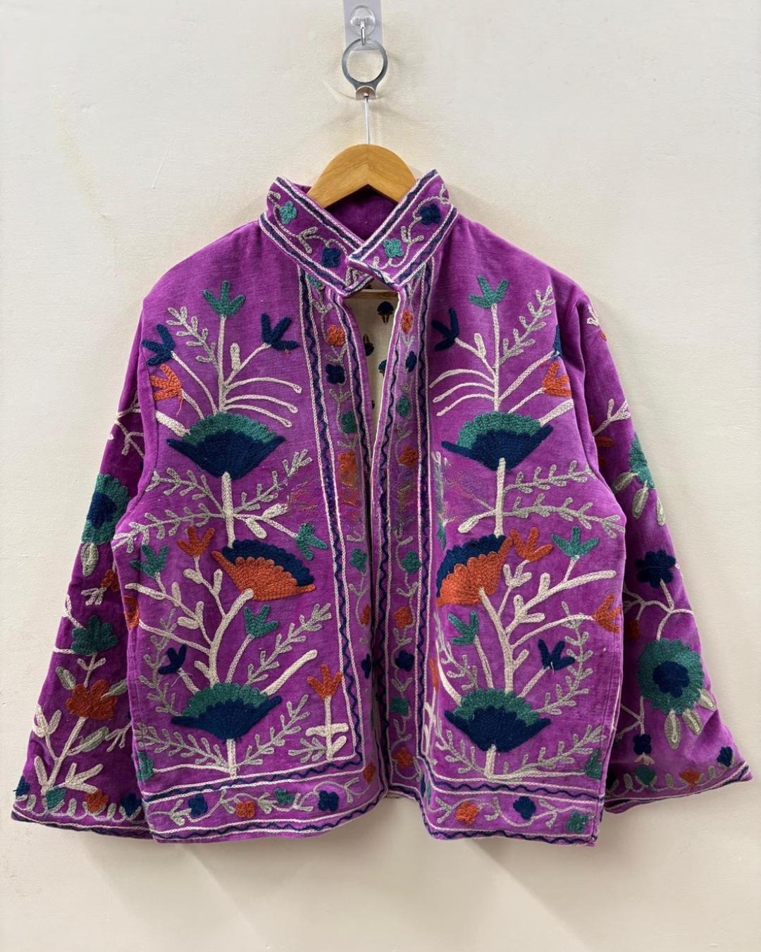 Velvet Suzani Winter Short Jacket |Boho Floral Jacket | Bomber Suzani Jacket | Winter Warmed Coat | Gift For Her | Duster Boho Coat