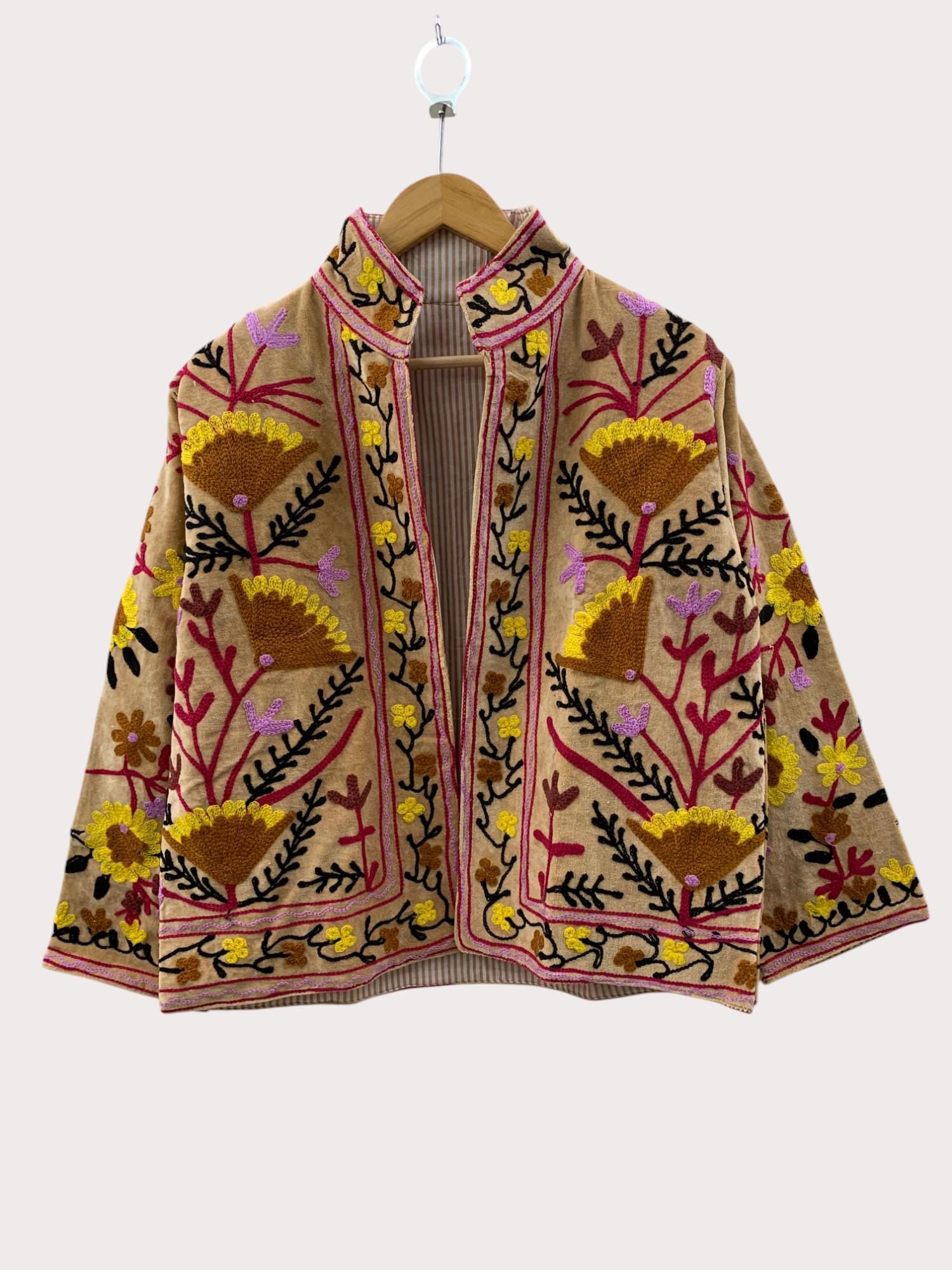 Velvet Suzani Short Jacket | Handmade Embroidered Coat | Button Winter Jacket | Boho Spring Outerwear | Gift for Her