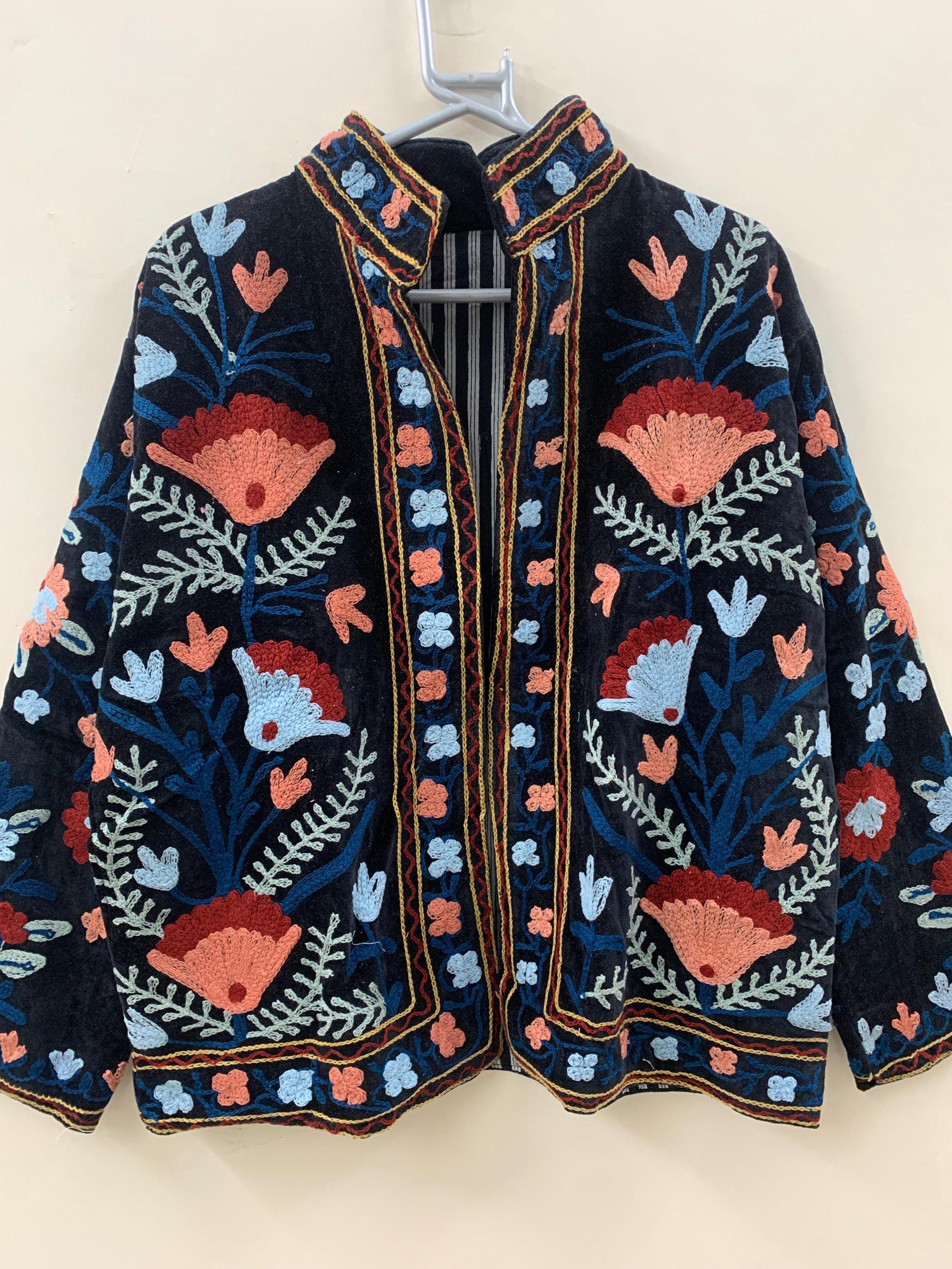 Embroidered Velvet Floral Suzani Short Jacket – Boho Jacket, Uzbek Handmade Coat, Vintage Festival Outerwear, Bohemian Blazer - Gift For Her