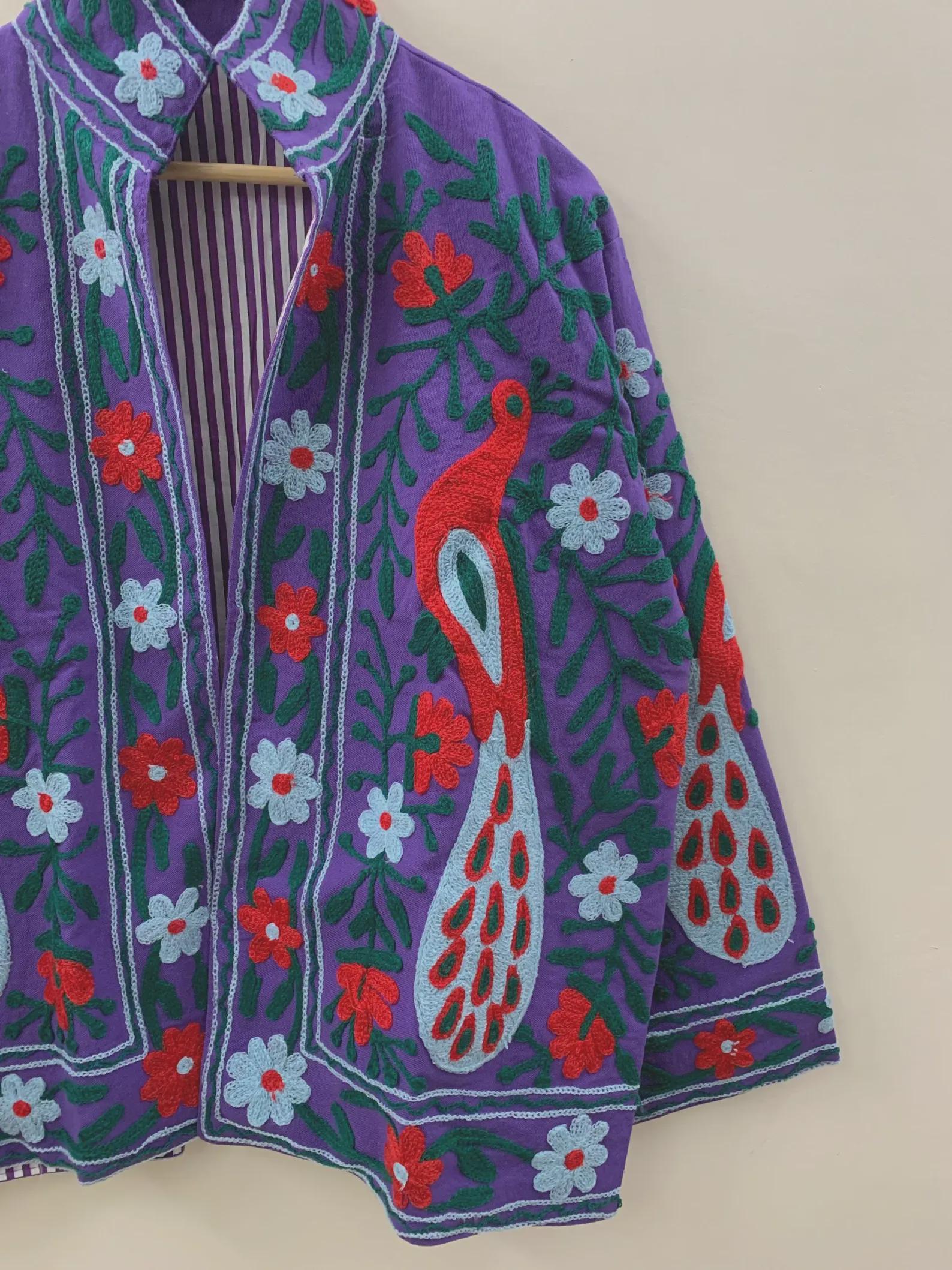 Handmade Cotton Suzani Jacket – Purple Embroidered Peacock & Floral Boho Coat | Ethnic Artisan Outerwear | Gift for Her