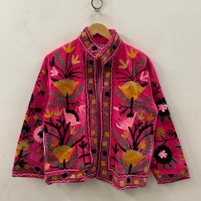 Pink Bohemian Suzani Velvet Jacket | Handmade Embroidered Coat | Traditional Floral Jacket | Ethnic Festival Outfit | Winter Wear Jacket