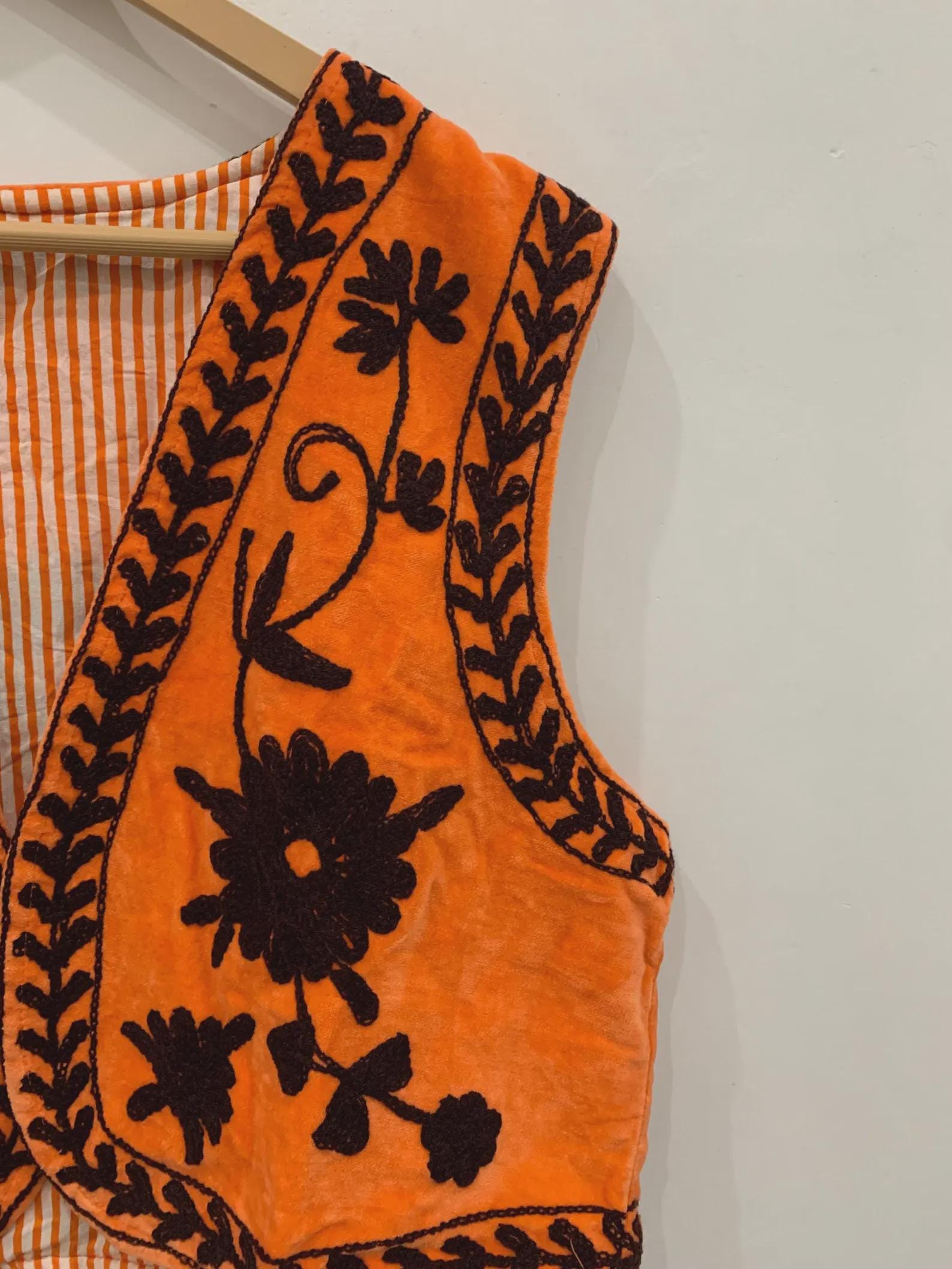 Orange Suzani Velvet Vest | Boho Embroidered Waistcoat | Vintage Floral Sleeveless Jacket | Festival Bohemian Layer | Ethnic Statement Vest