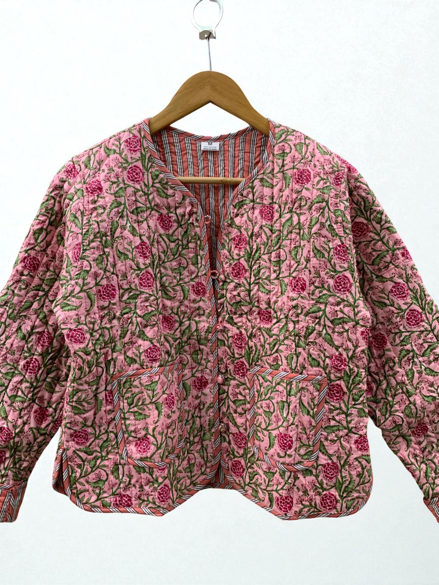 Pink Cotton Quilted Cropped Boho Jacket | Printed Lightweight Cropped Jacket | Spring Coat| Bomber Jacket | Gift For Her | Women's Outerwear