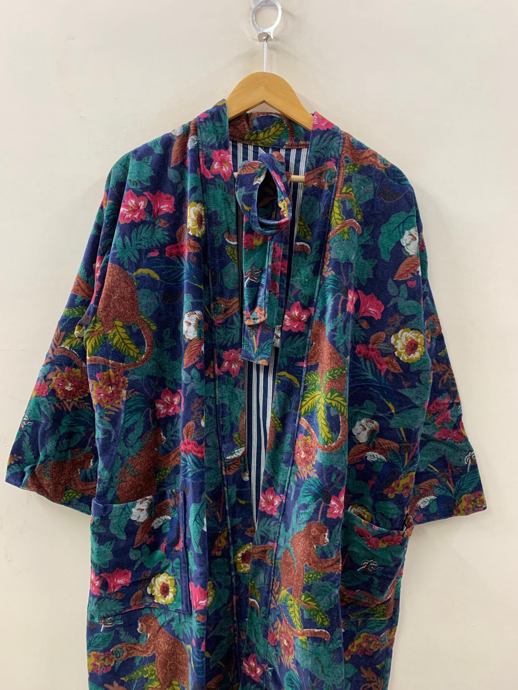 Green Jungle Velvet Kimono Robe | Tropical Animal Print Loungewear | Cheetah & Bird Pattern |Safari Dressing Gown with Belt | Women's Kimono