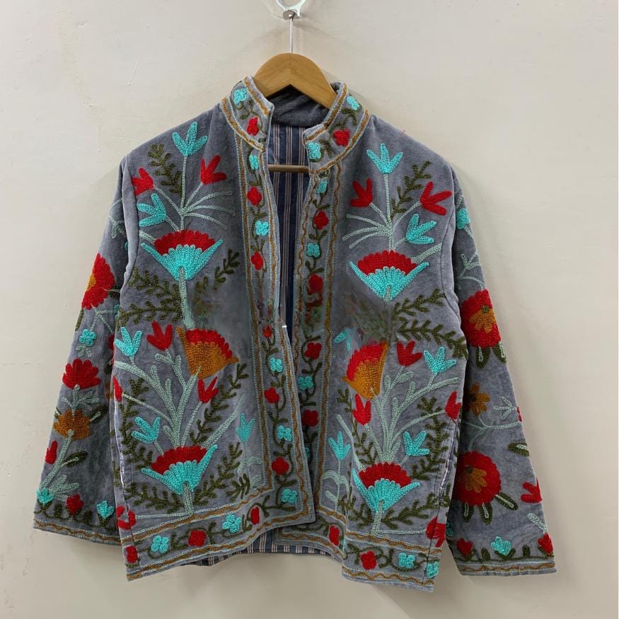 Velvet Suzani Hand Embroidered Short Jacket | Autumn Winter Boho Gypsy | Women's Floral Jacket | Gift For Her |  Winter Jacket Kimono Robe