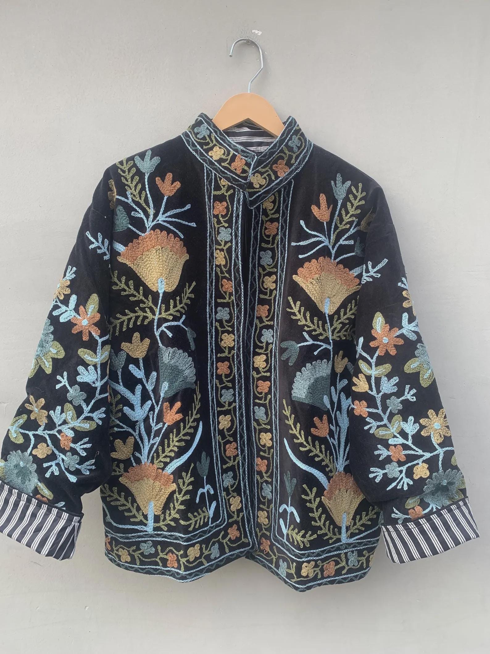 Black Suzani Velvet Short Jacket | Vintage Button Winter Coat | Short Ethnic Jacket | Spring Bomber Jacket | Gift For Her | Suzani Outerwear
