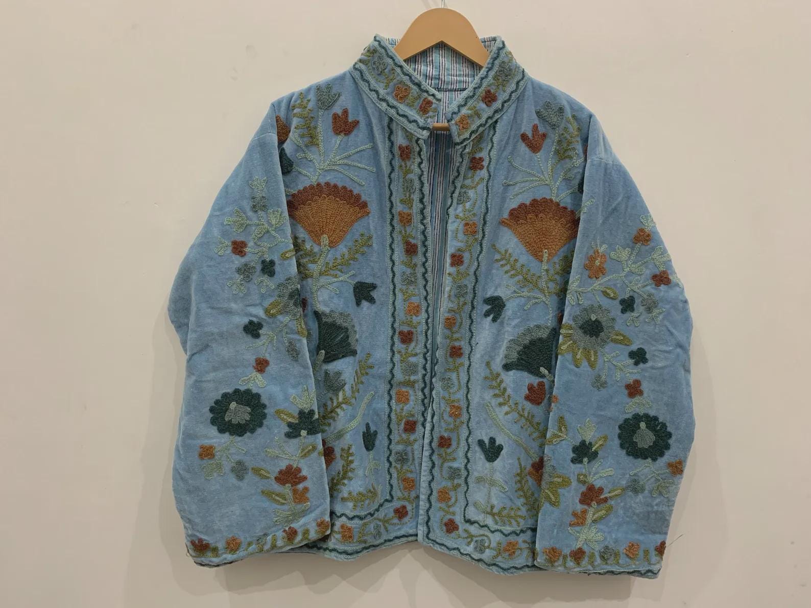 Indian Embroidered Velvet Jacket - Suzani Coat - Festival Bohemian Clothing for Women - Handmade Vintage Style Suzani Jacket -Gift For Her