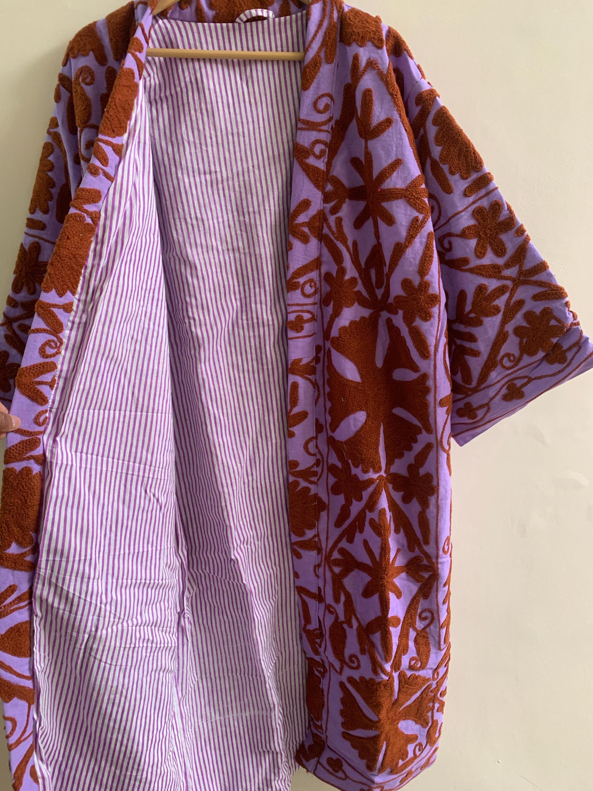 Cotton Canvas Embroidered Summer Kimono | Japanese Dress Threadwork | Handmade Duster Jacket | Gift For Her | Beach coverup | Resort wear