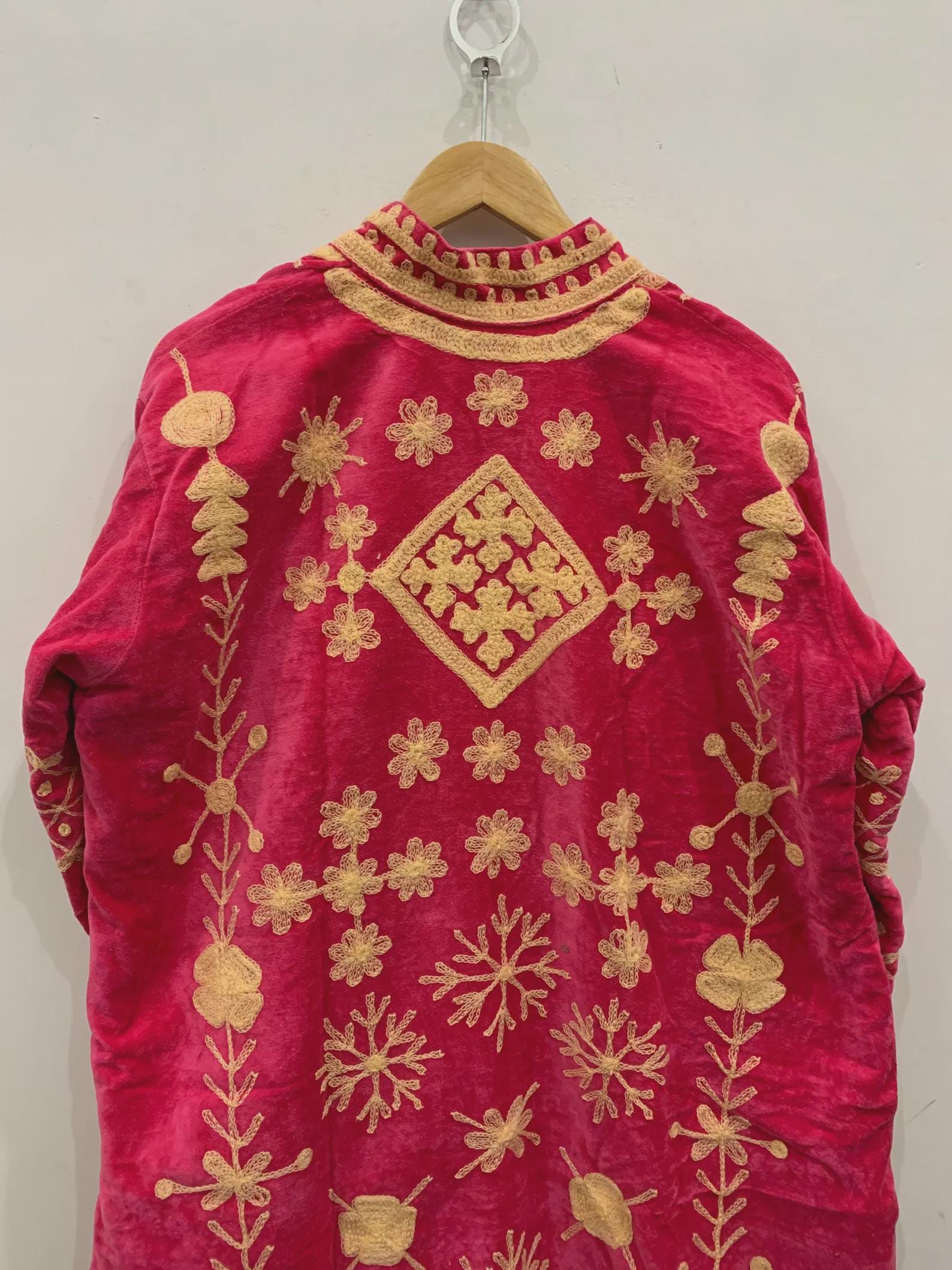 Red Long Suzani Kimono Jacket | Boho Embroidered Duster | Vintage Uzbek Coat