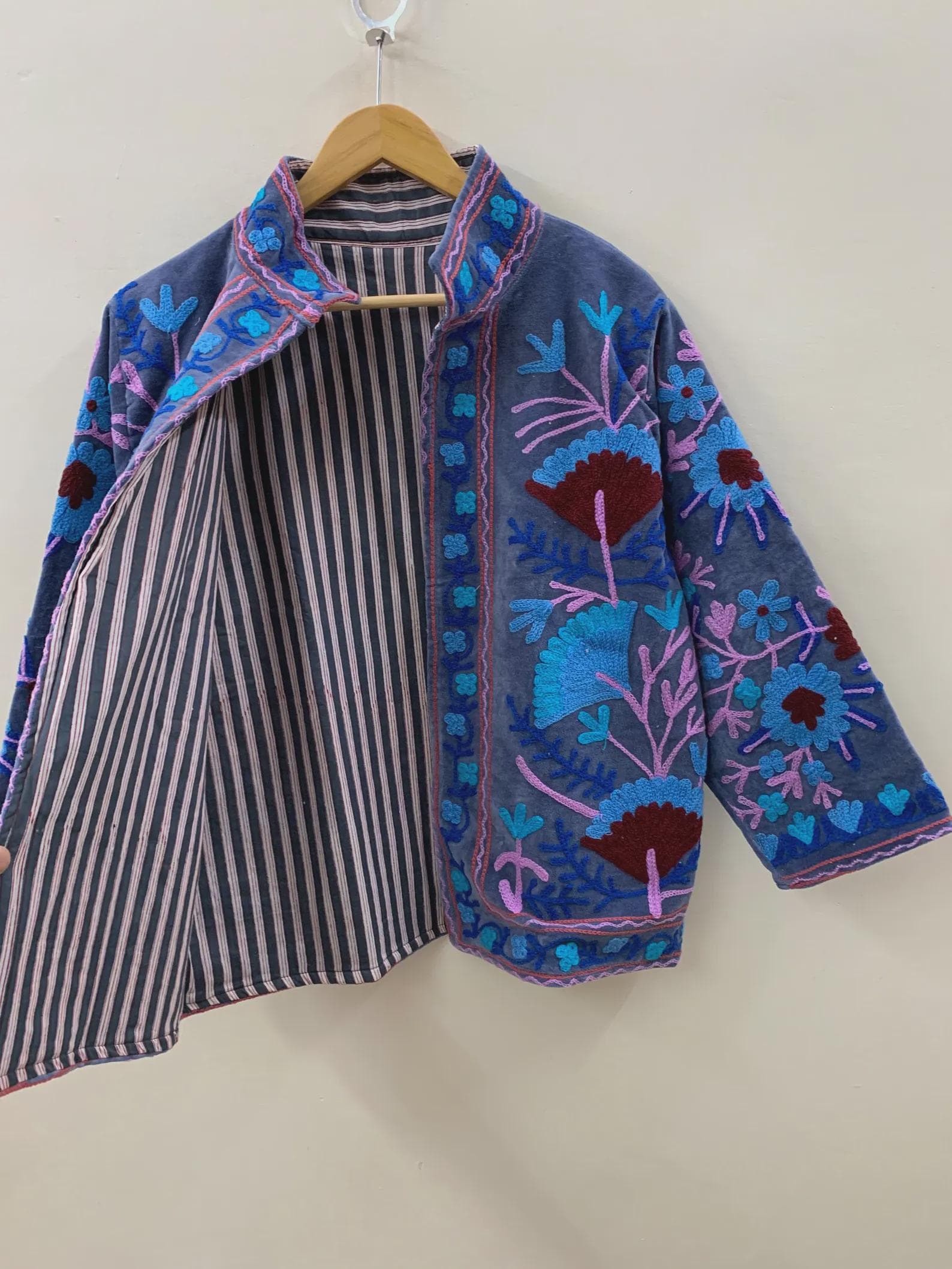 Boho Suzani Velvet Kimono Jacket | Embroidered Jacket | Vintage Tribal Outerwear | Cropped Coat | Winter Clothing | Gift Idea for Her