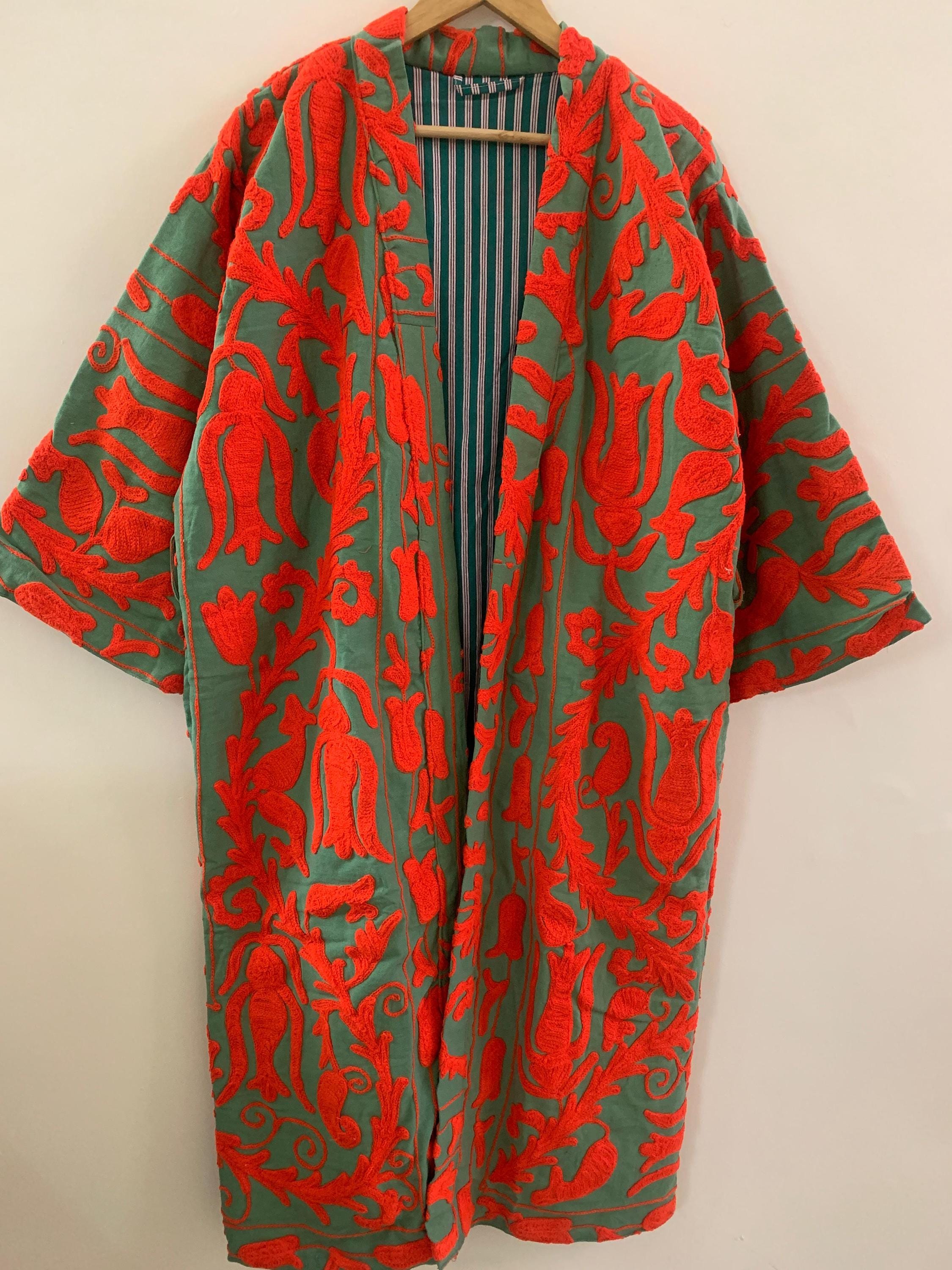 Vintage Canvas Cotton Kimono Summer Long Jacket | Hand Embroidered Robe | Boho Clothing | Statement Kimono | Dressing Gown | Gift For Wife