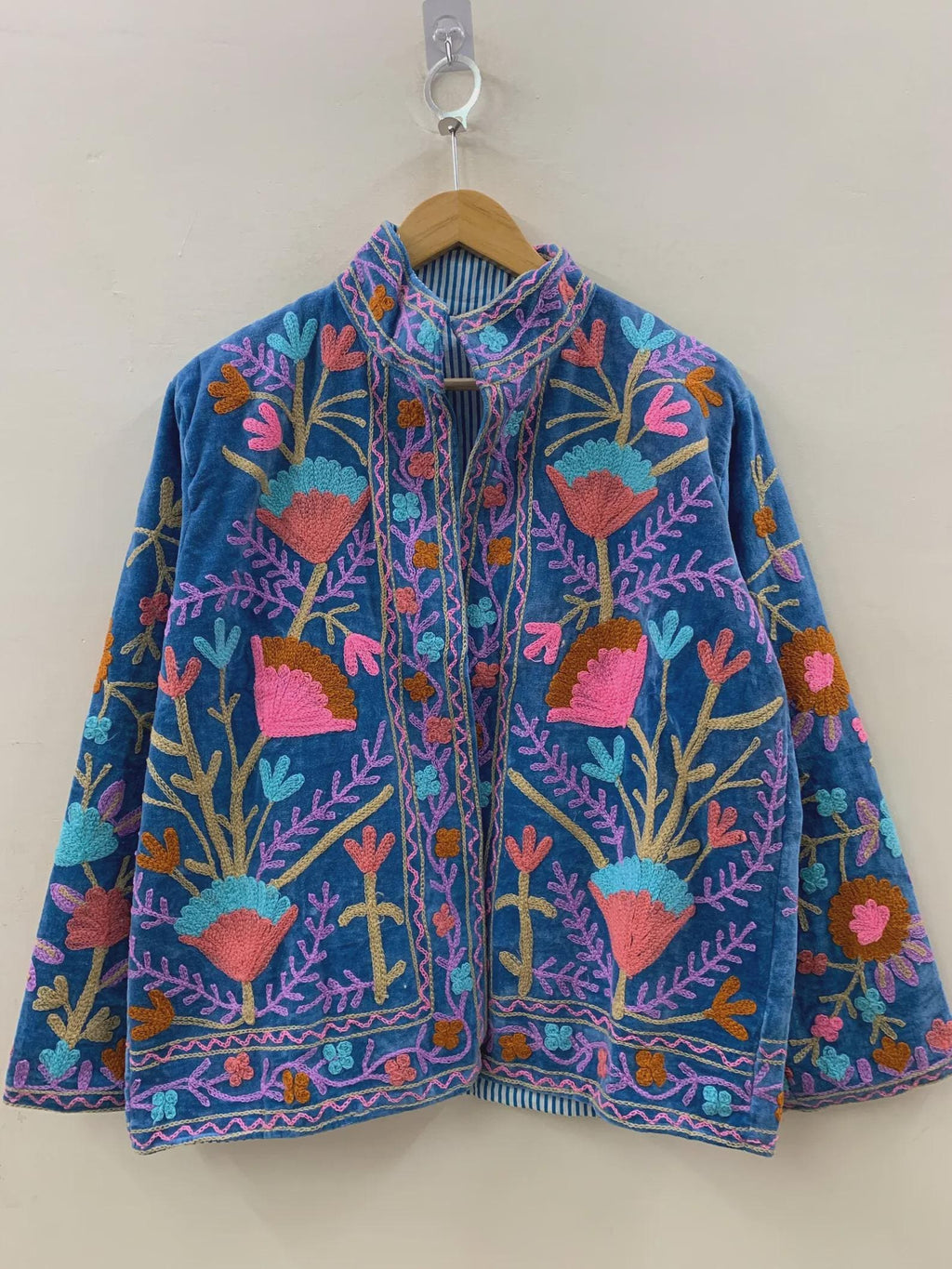 Blue Indian Embroidered Velvet Jacket | Suzani Coat | Festival Bohemian Clothing for Women | Handmade Vintage Style Suzani Jacket