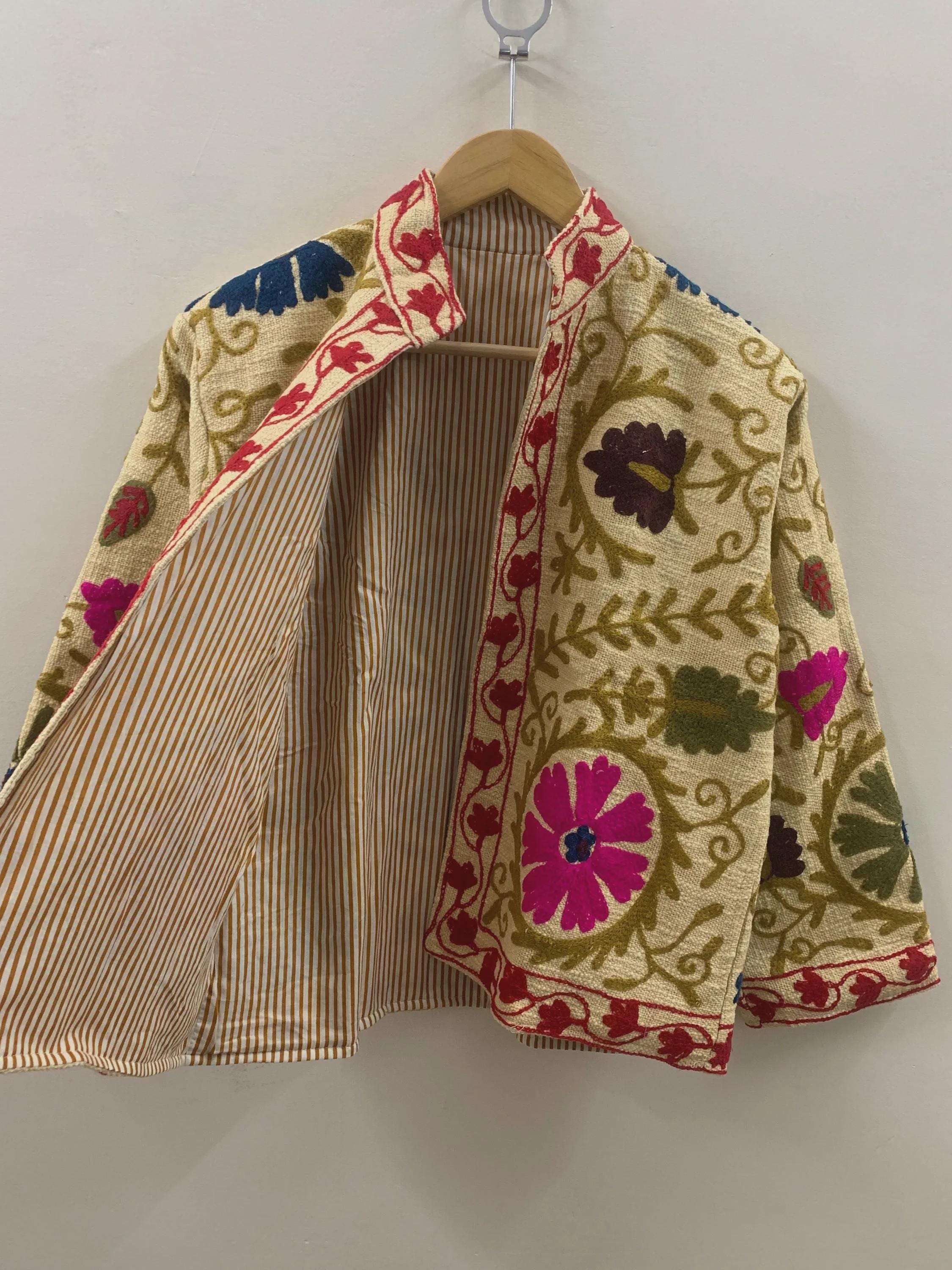 TNT Fabric Suzani Short Jacket | Embroidered Boho Jacket | Vintage Uzbek Textile | Floral Bomber Coat | Bohemian Outerwear | Gift For Her