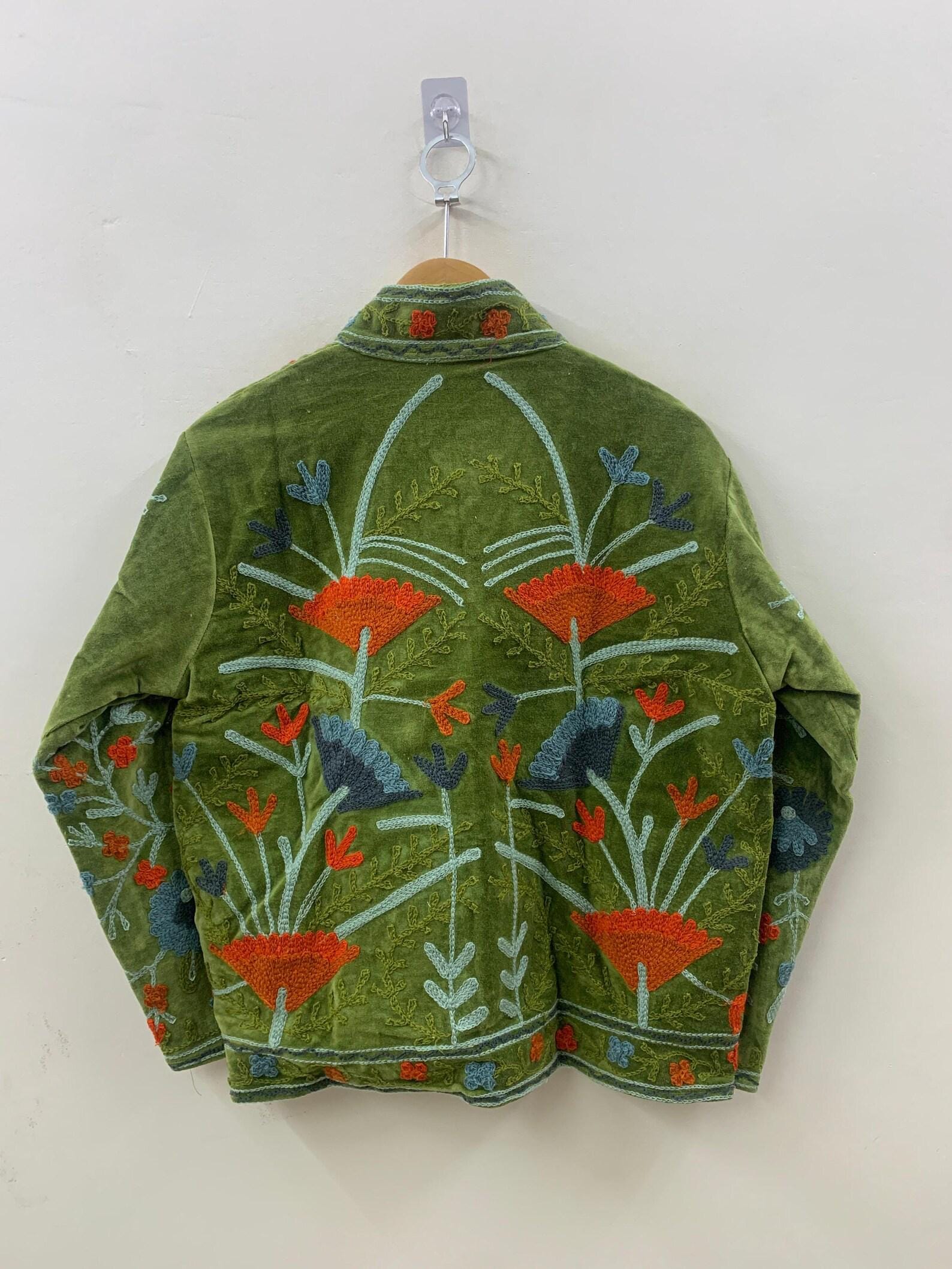 Green Floral Suzani Embroidered Velvet Winter Jacket | Short Festival Coat |Ethnic Bohemian Outerwear | Winter Kimono Jacket | Gift For Wife