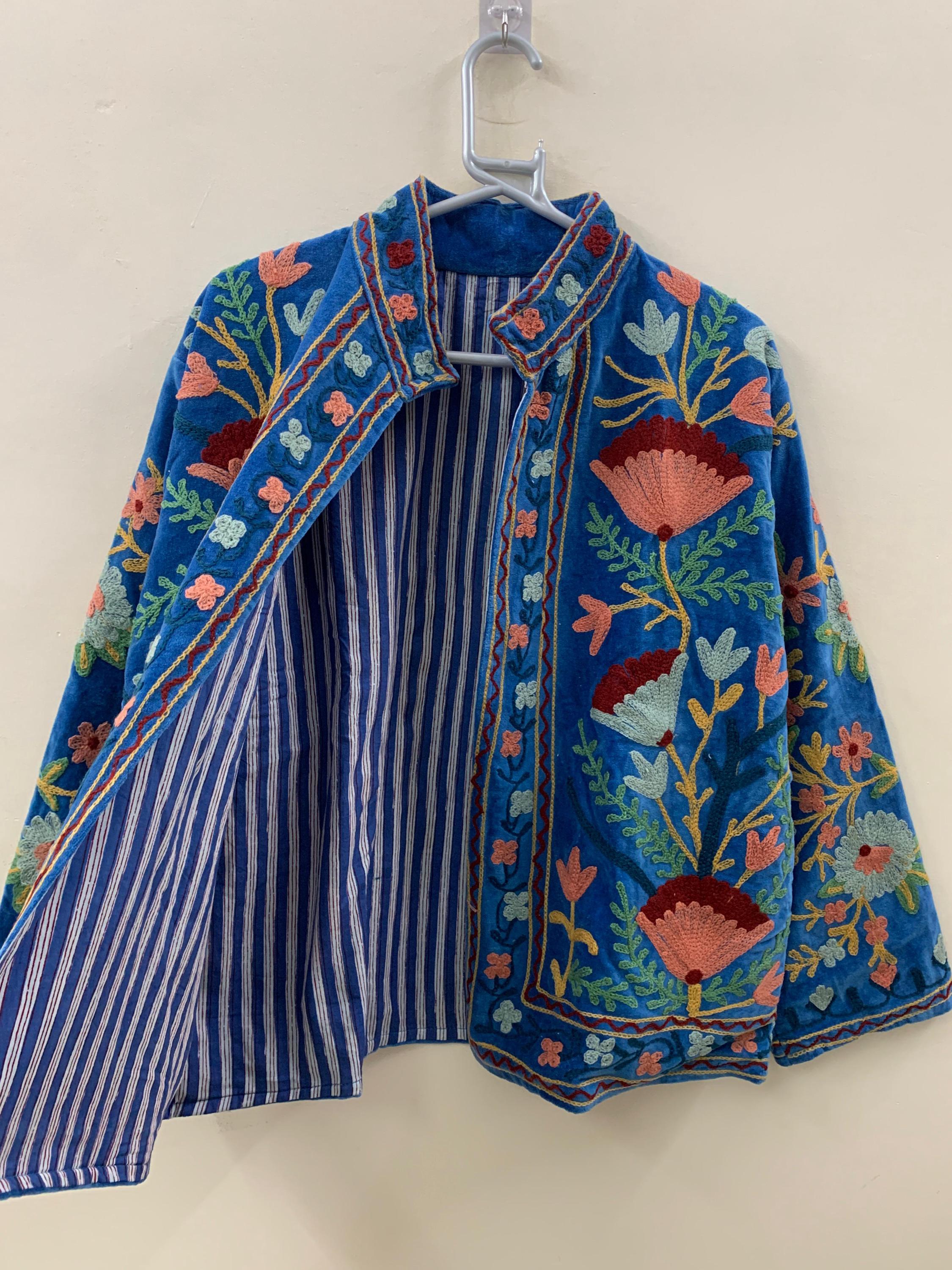 Indian Suzani Embroidered Velvet Jacket | Boho Jacket | Bomber Hippie Jacket | Winter Warmed Coat | Gift For Her |Duster Short Floral Jacket
