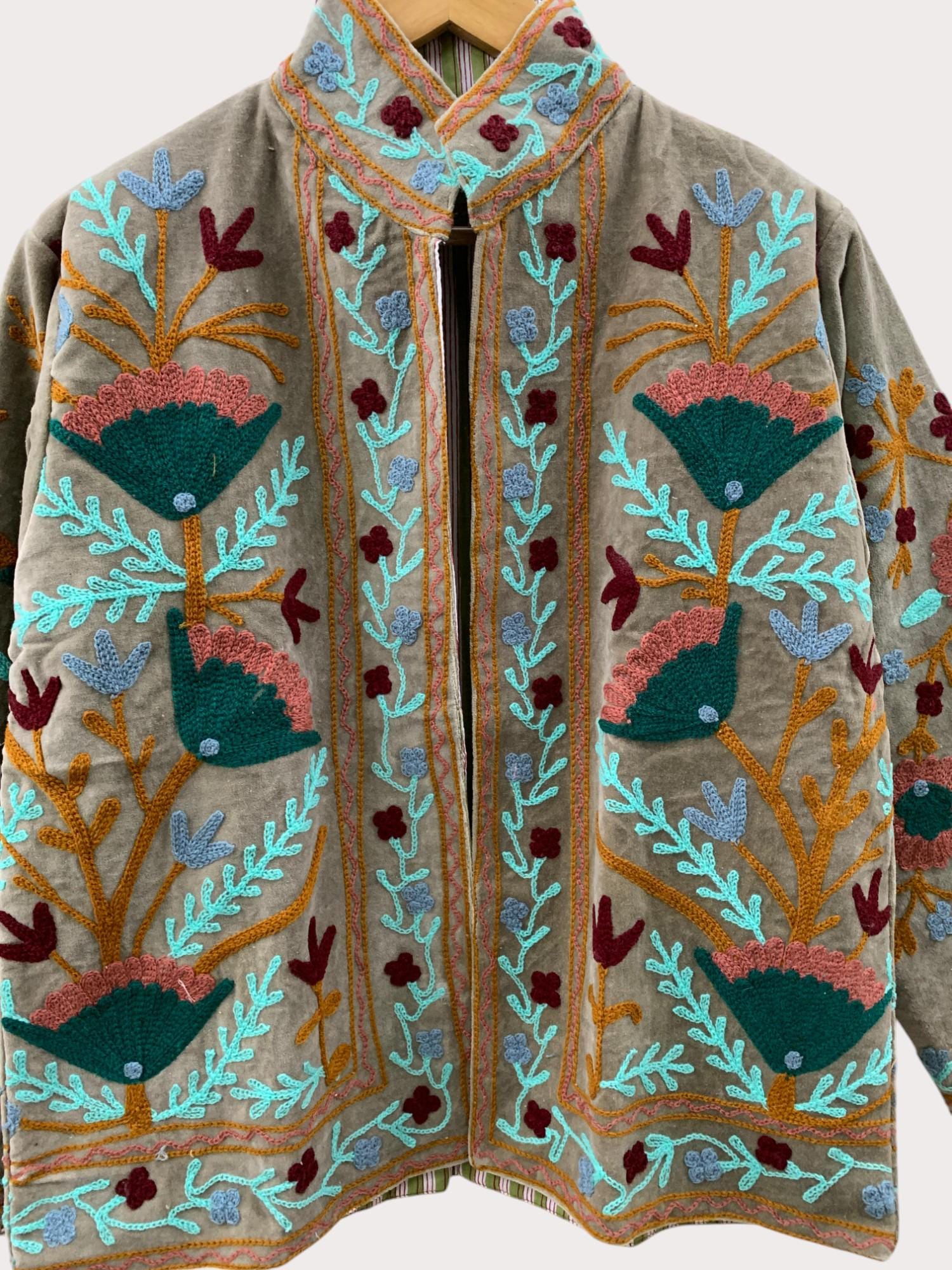 Chic Embroidered Suzani Fabric Short Velvet Jacket | Button Winter Coat | Short Jacket | Spring Bomber Jacket | Gift For Her |Velvet Coat