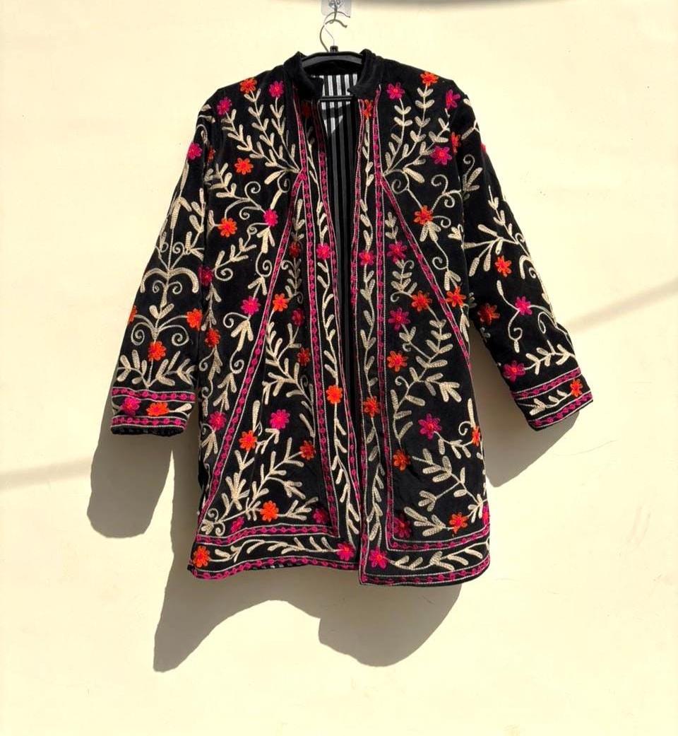 Black Suzani Velvet Kimono |Unisex Bohemian Overcoat | Traditional Kimono Jacket |Hand Embroidered Kimono | Winter Warm Kimono Overcoat