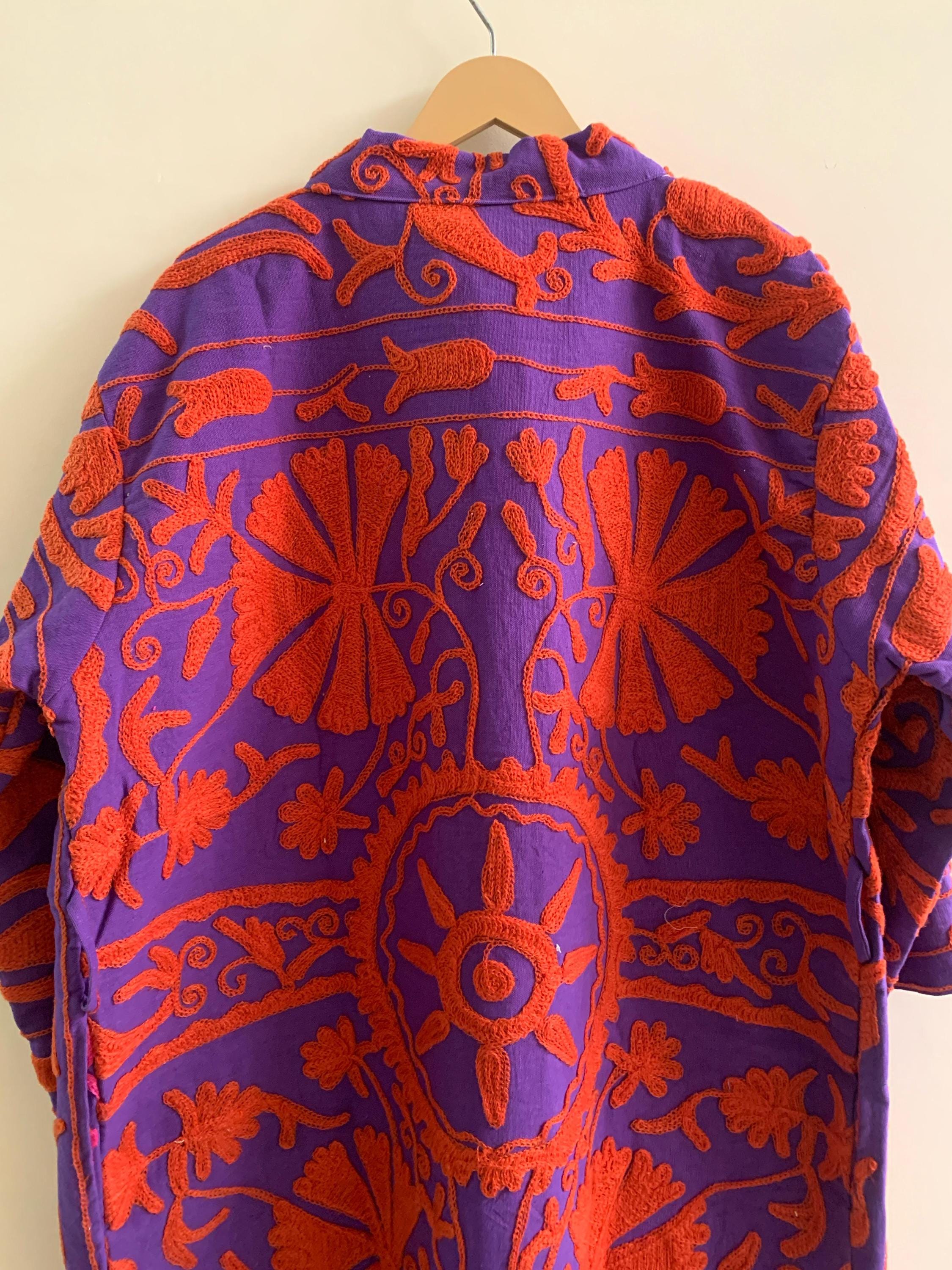 Embroidered Kimono | Unisex Kimono Jacket | Cotton Canvas Robe | Beach Cover Up | Gift for Her| Purple & Red Festival Jacket | Gift For Her
