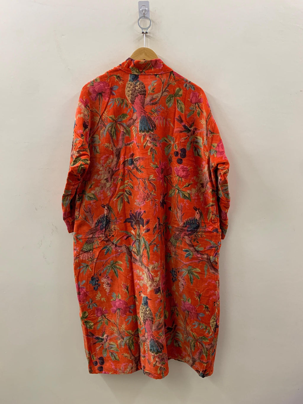Orange Velvet Kimono Robe – Boho Bird Print Duster Robe |Peacock Floral Long Kimono Jacket | Statement Loungewear | Bohemian Festival Outfit
