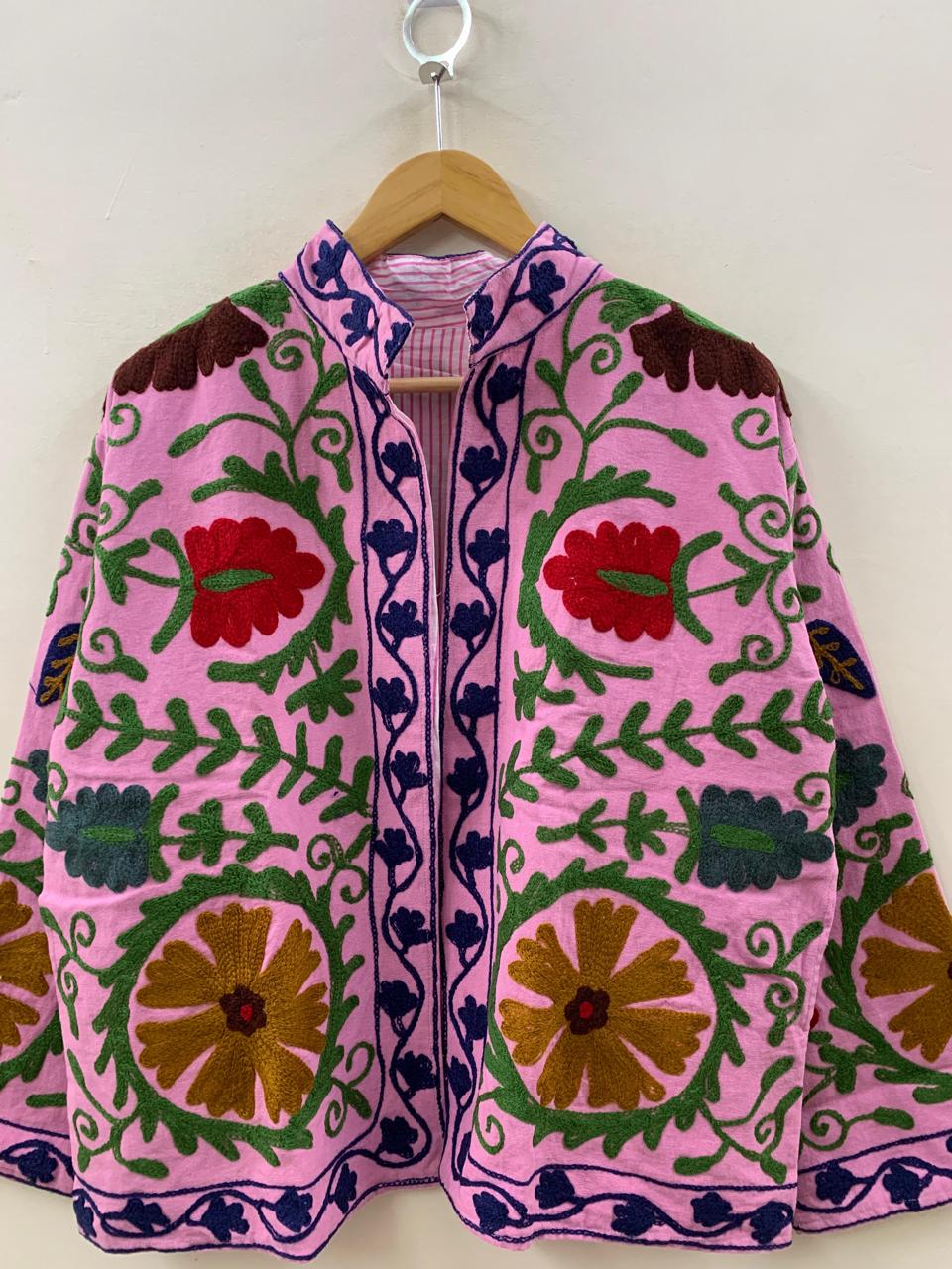 Pink Cotton Suzani Short Soft Jacket – Boho Festival Coat – Tribal Embroidered Outerwear | Spring Travel Coat | Summer Jacket | Gift For Her