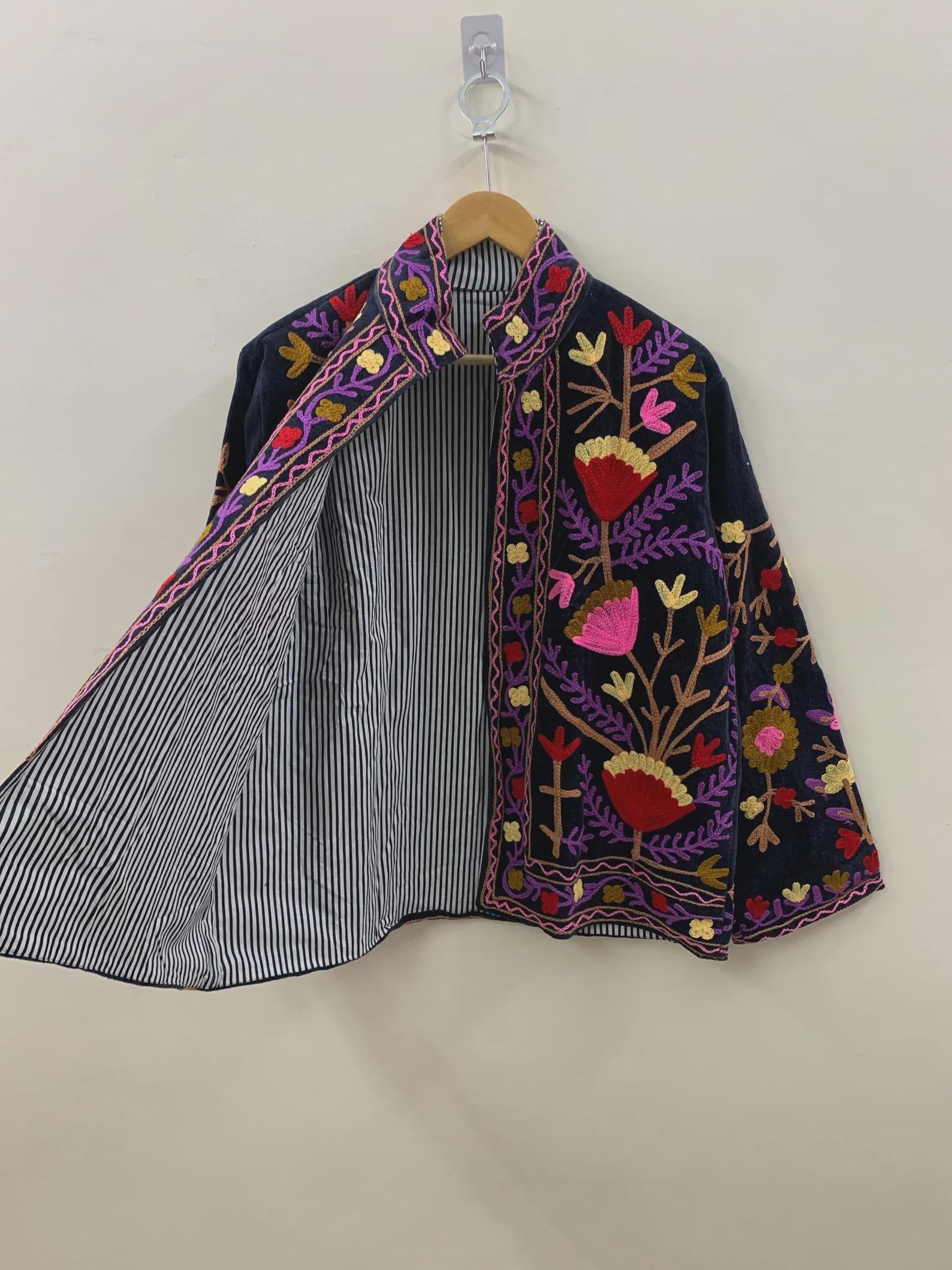 Embroidered Velvet Suzani Winter Jacket | Indian Boho Style Coat | Spring Bomber Jacket | Gift For Her | Suzani Outerwear | Duster Jacket
