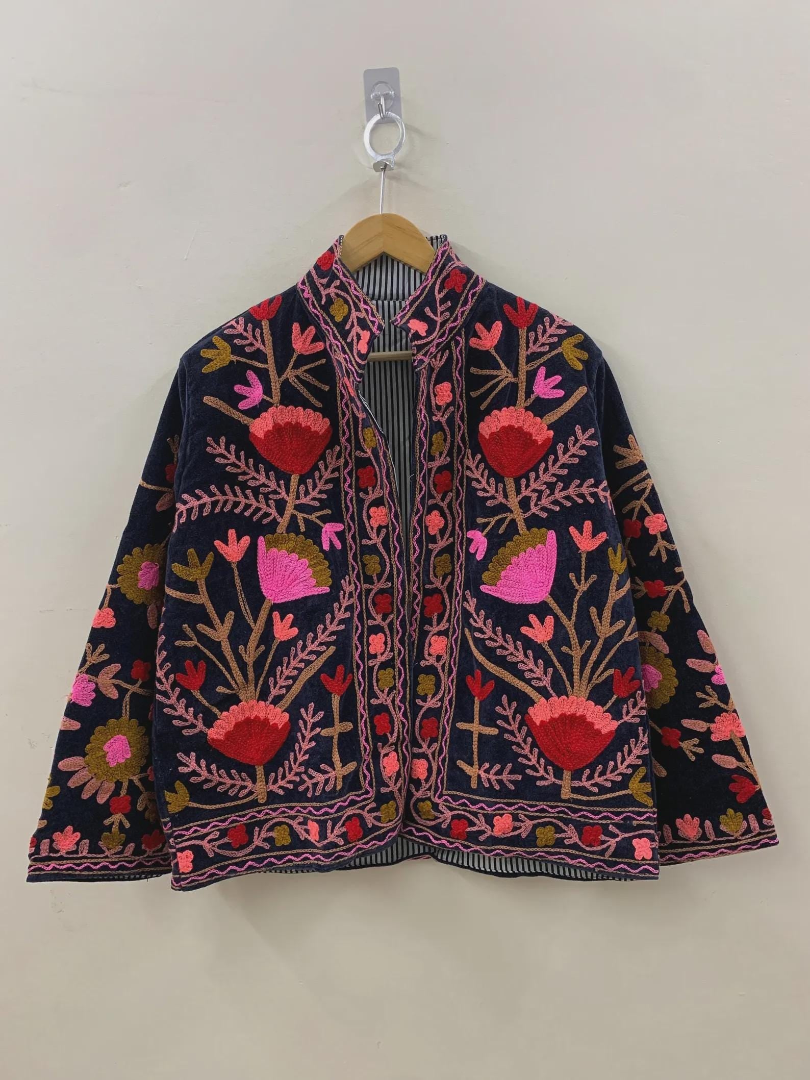 Embroidered Velvet Suzani Winter Jacket | Indian Boho Style Coat | Spring Bomber Jacket | Gift For Her | Suzani Outerwear | Duster Jacket